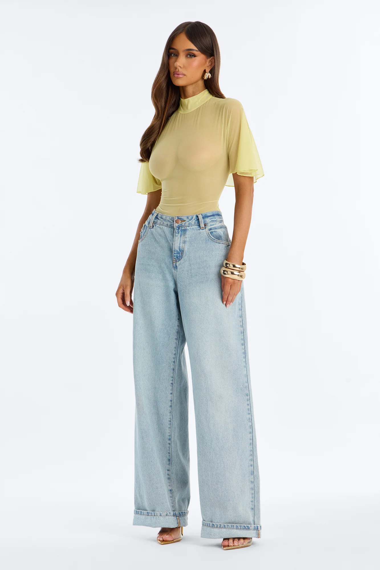Natalie Mesh Mock Neck Ruffle Sleeve Bodysuit - Butter Yellow - Image 2