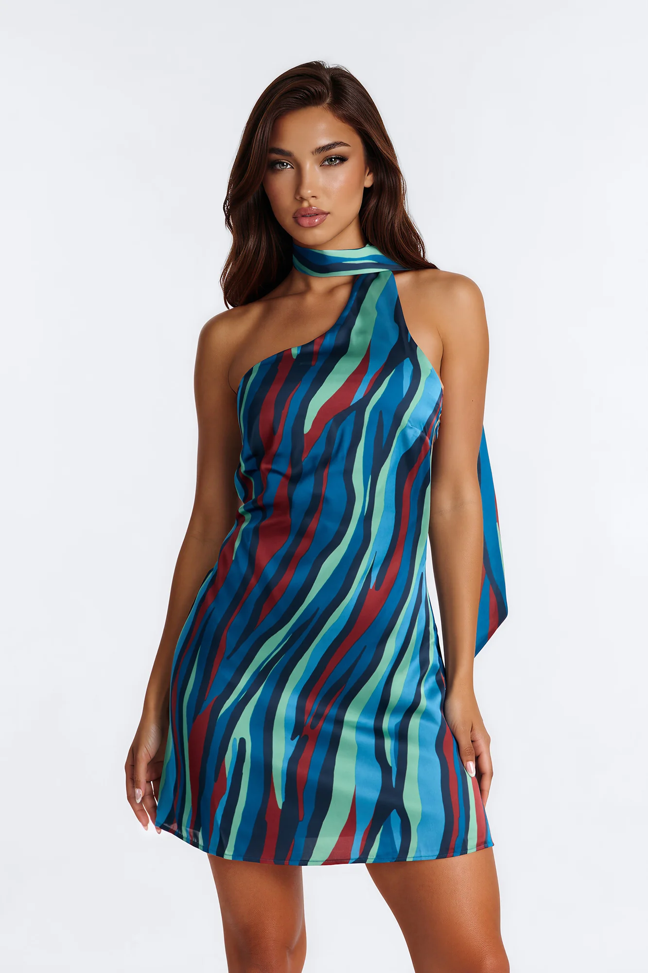 Natasha Abstract Satin Mini Dress - Blue/combo
