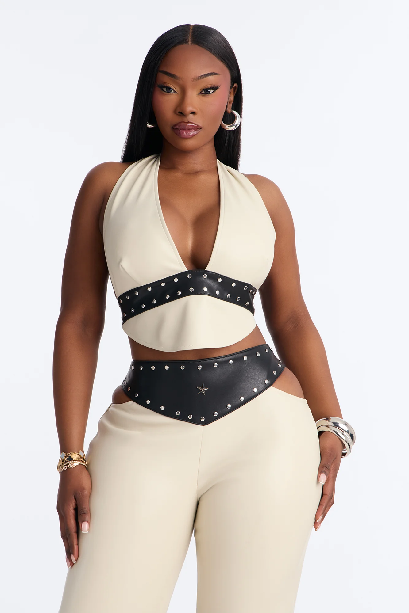 Natasha Faux Leather Studded Pant Set - Cream - Image 7