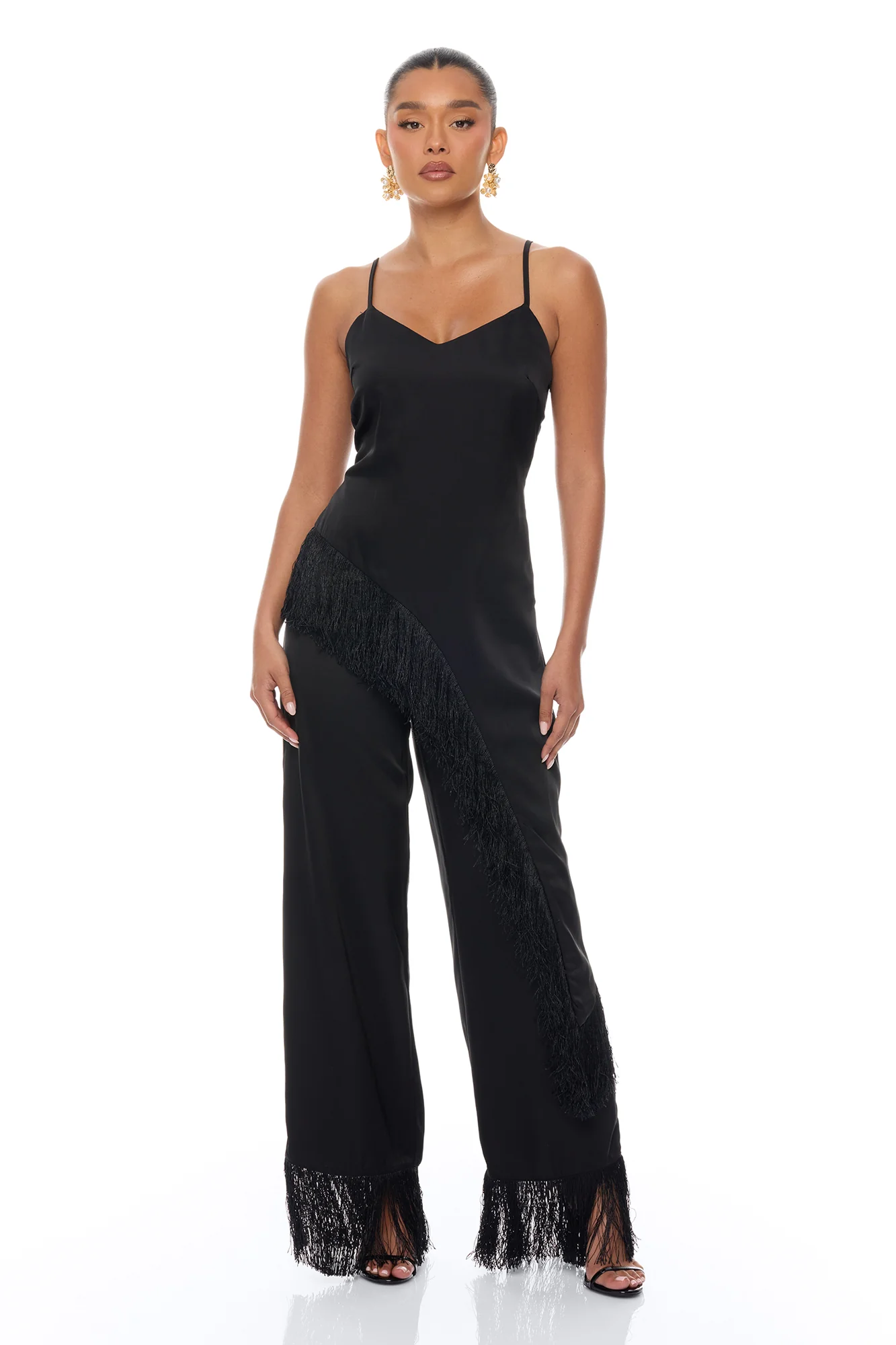 Natural Drama Fringe Satin Pant Set - Black