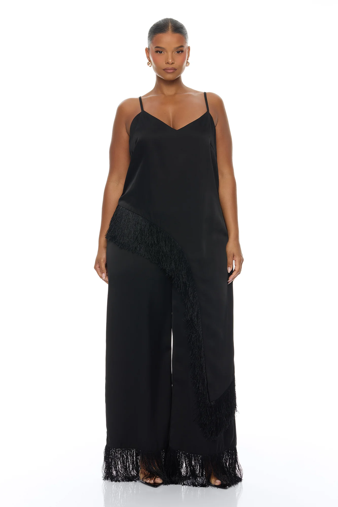 Natural Drama Fringe Satin Pant Set - Black - Image 5