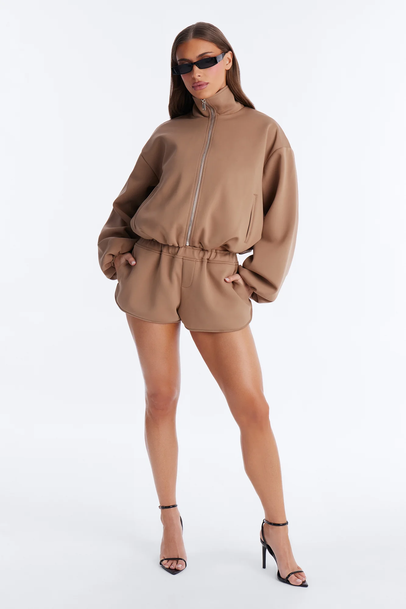 Nayeli Scuba Bubble Hem Bomber Jacket - Khaki - Image 2