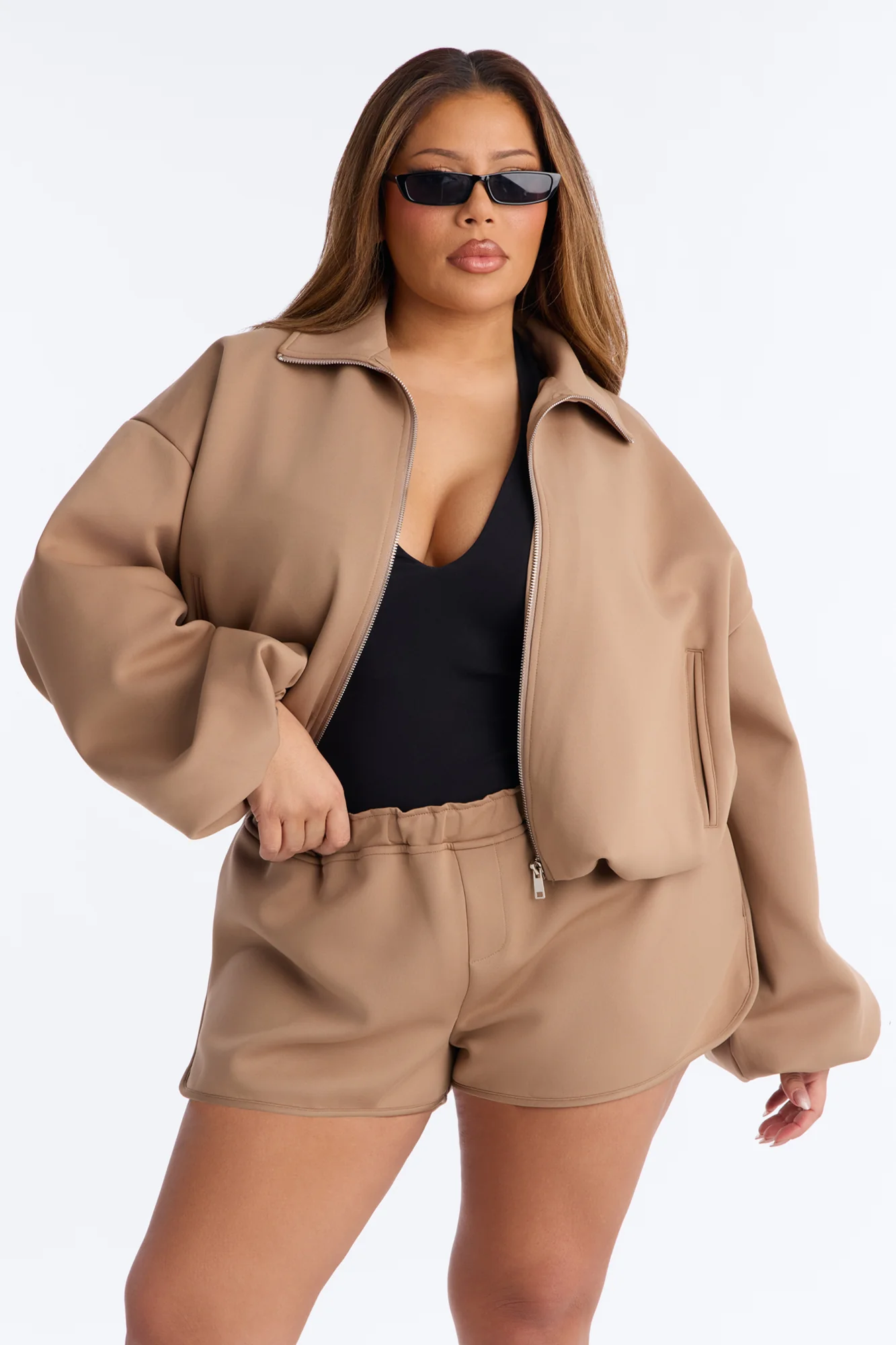 Nayeli Scuba Bubble Hem Bomber Jacket - Khaki - Image 4