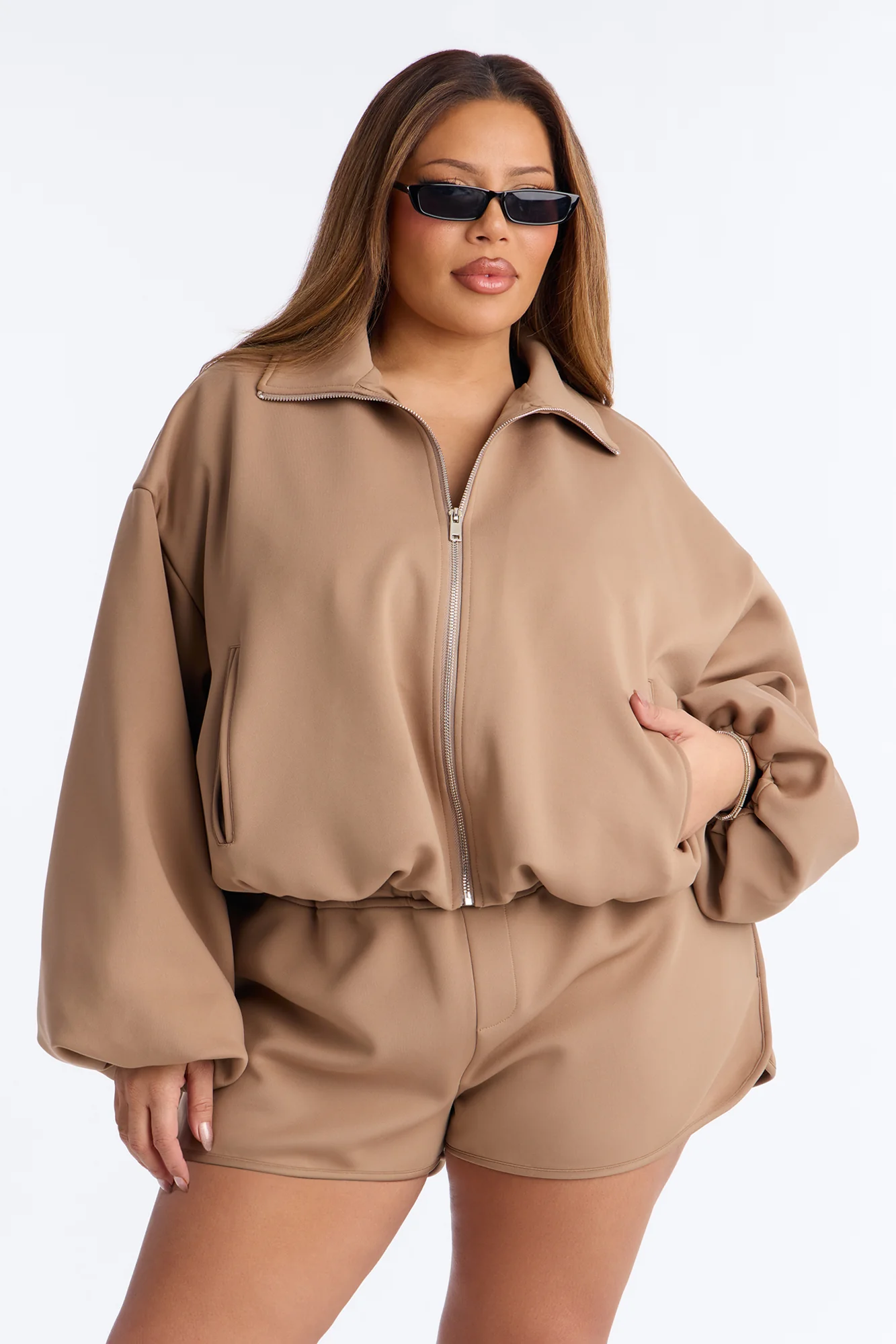 Nayeli Scuba Bubble Hem Bomber Jacket - Khaki - Image 6