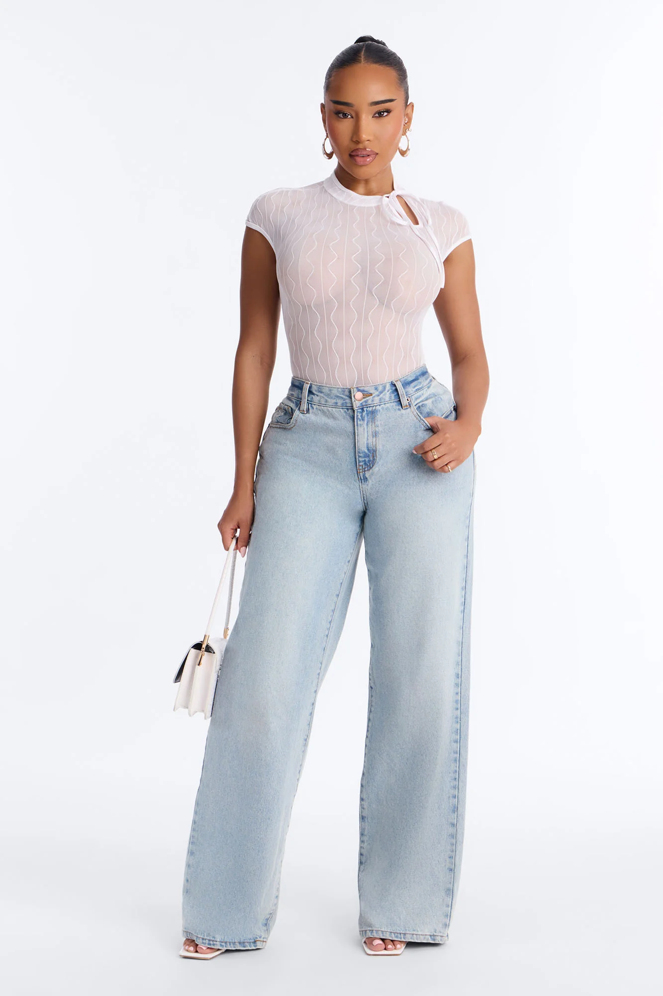 Nayeli Sheer Mesh Short Sleeve Bodysuit - Ivory - Image 2