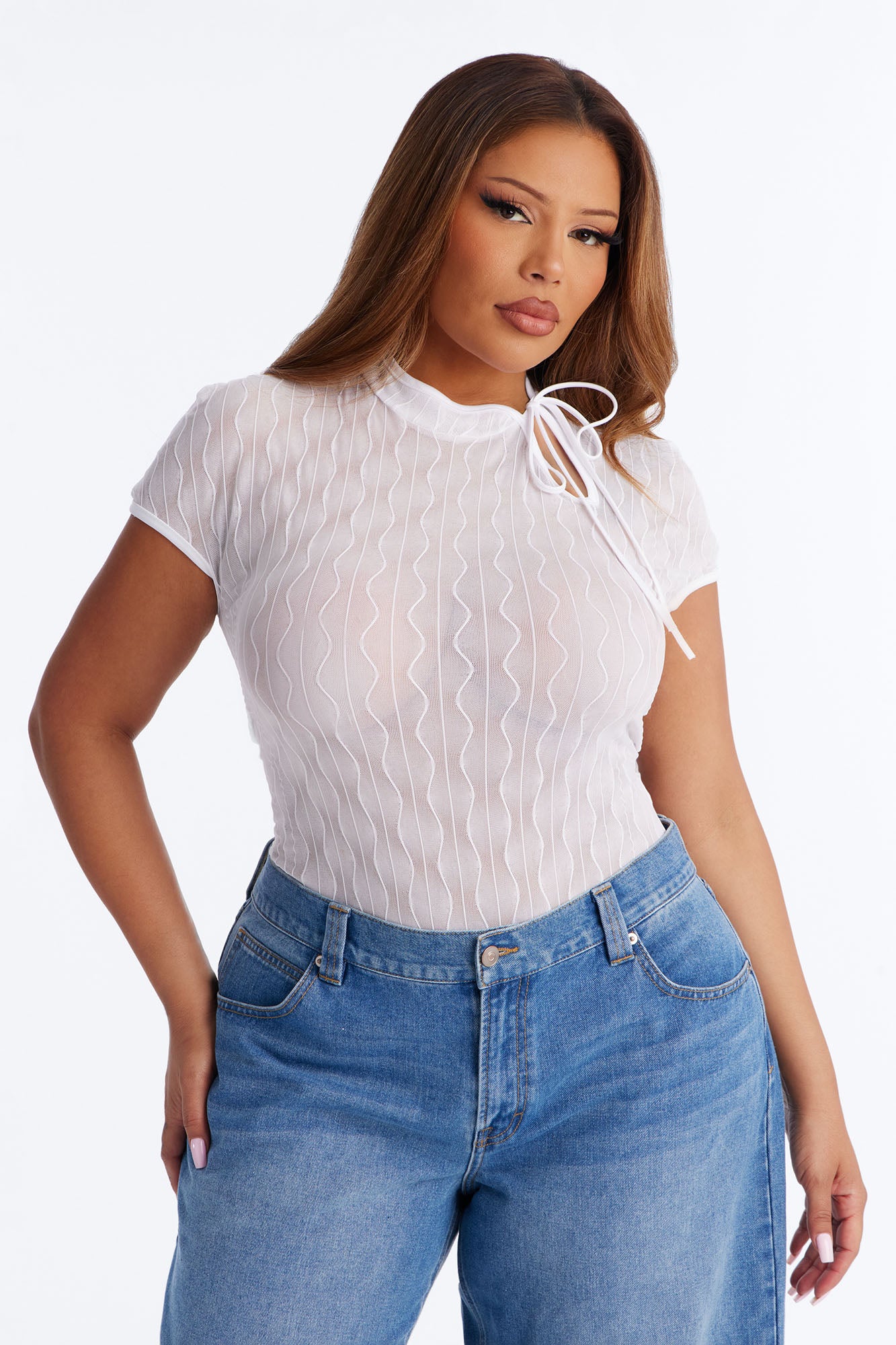 Nayeli Sheer Mesh Short Sleeve Bodysuit - Ivory - Image 7