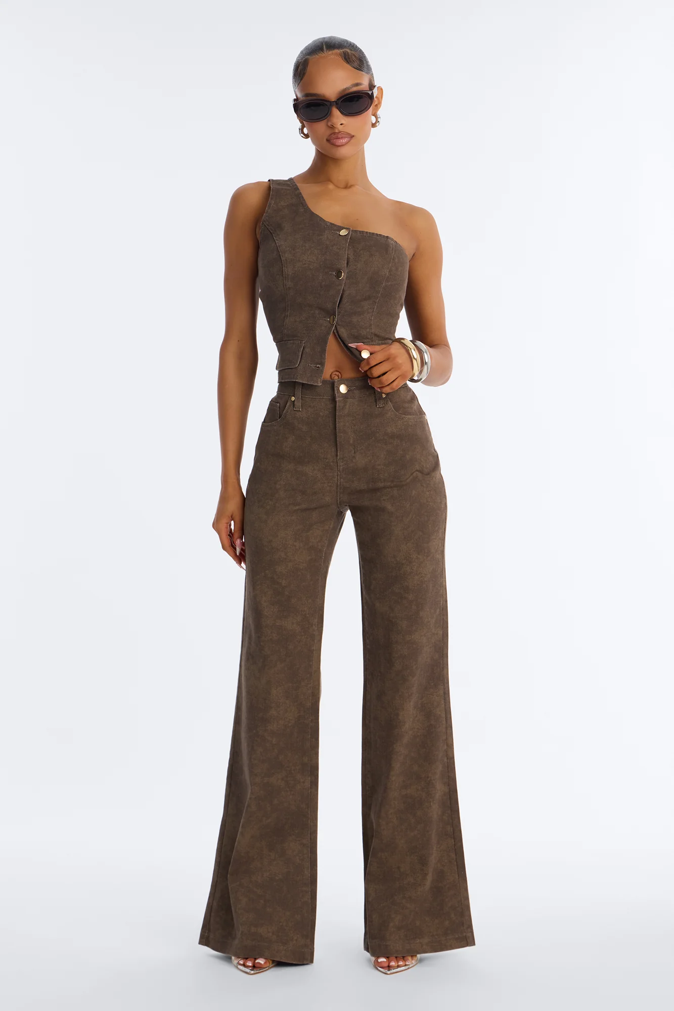 Nazari Denim Washed Flare Pant Set - Brown