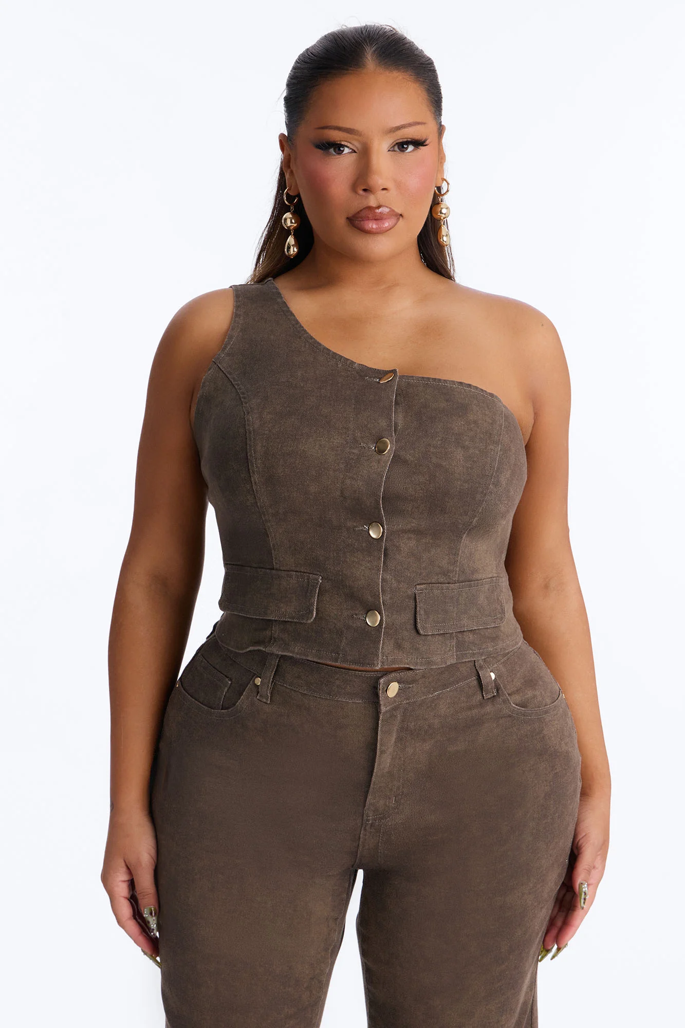 Nazari Denim Washed Flare Pant Set - Brown - Image 5