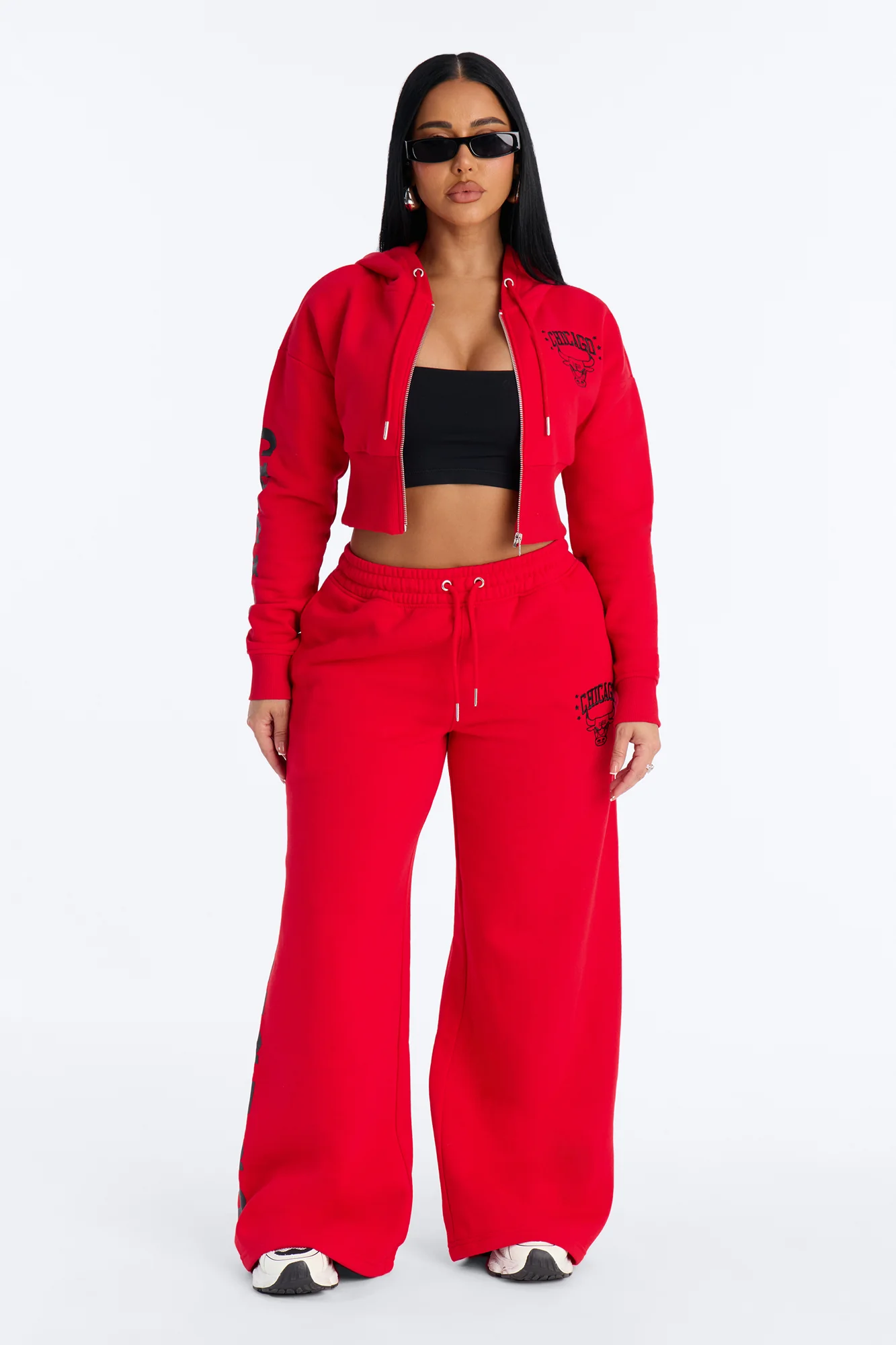 NBA Chicago Bulls Cropped Fleece Full Zip Hoodie - Red - Image 2
