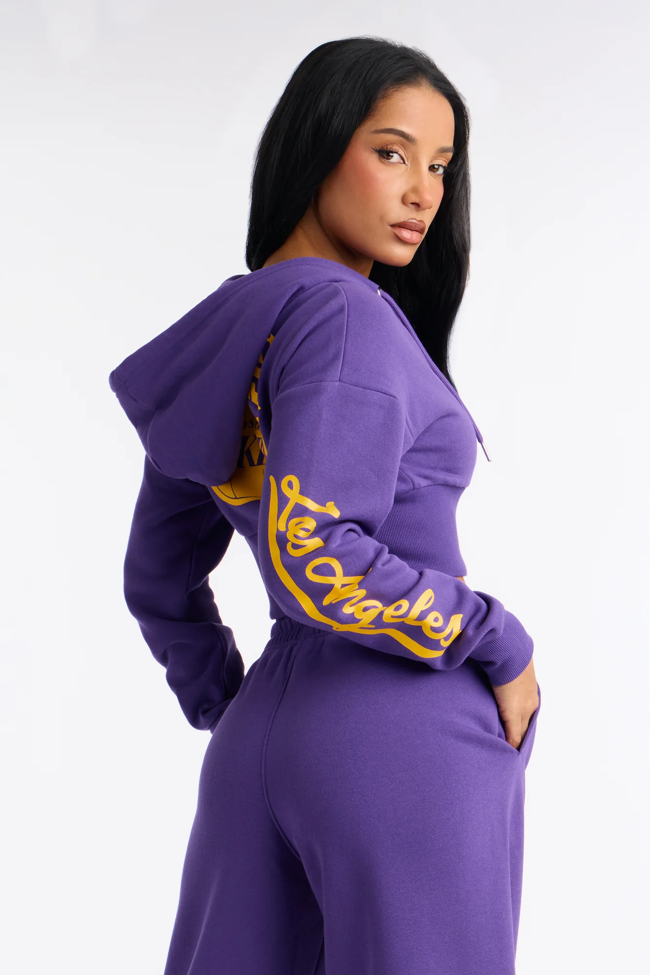 NBA LA Lakers Cropped Fleece Full Zip Hoodie - Purple - Image 5