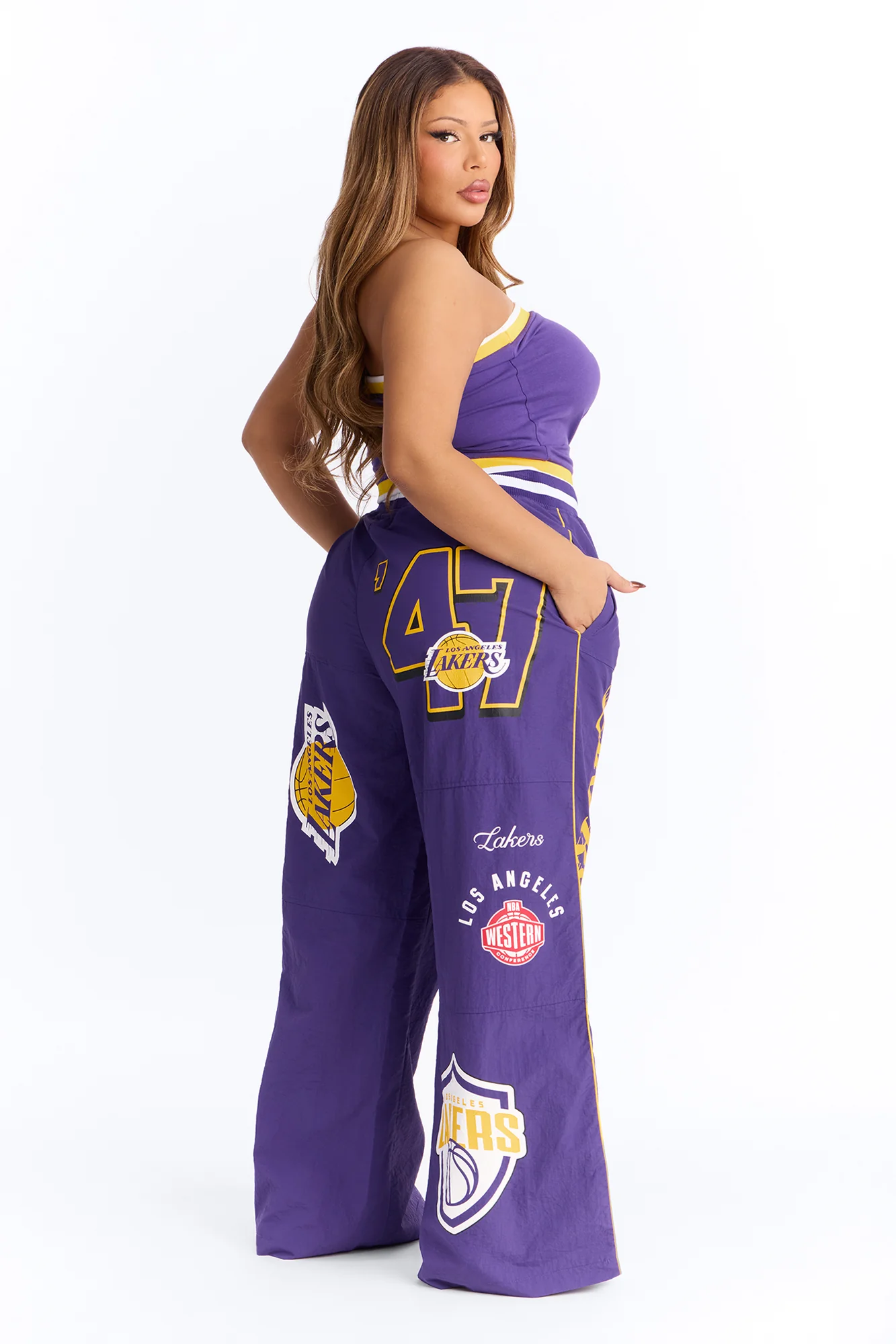 NBA LA Lakers Patchwork Cargo Wide Leg Pant - Purple - Image 6