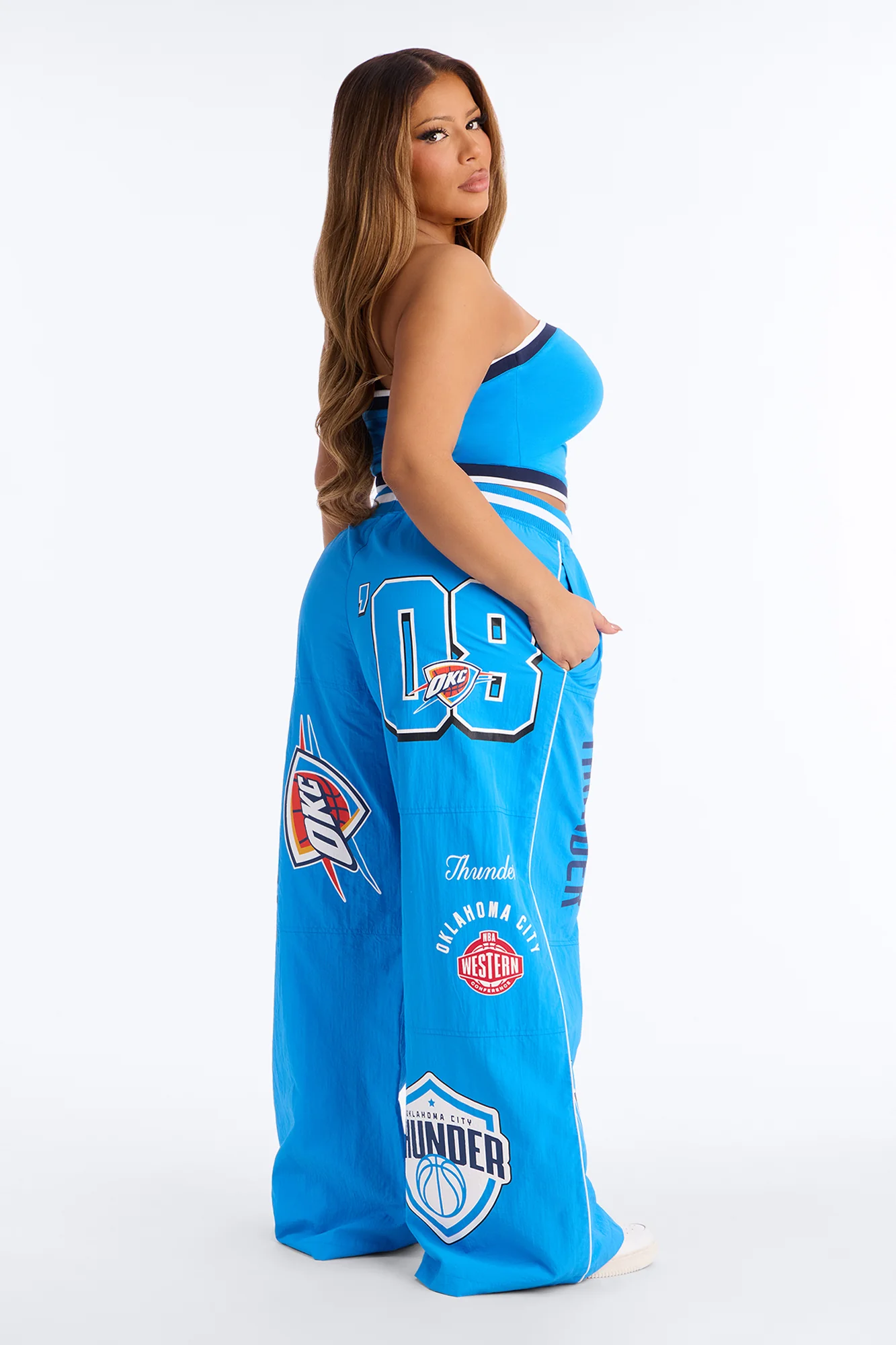 NBA OKC Thunder Patchwork Cargo Wide Leg Pant - Blue - Image 8