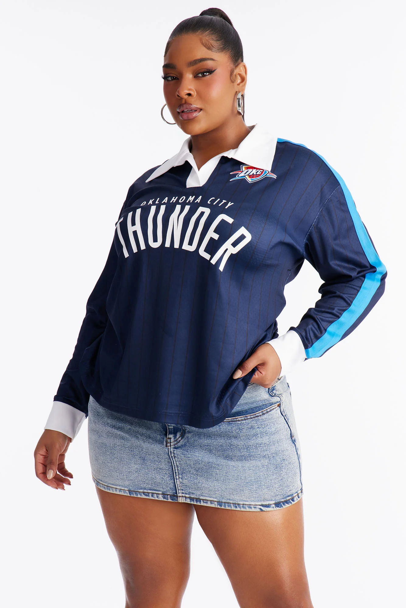 NBA OKC Thunder Pinstripe Long Sleeve Top - Navy - Image 5
