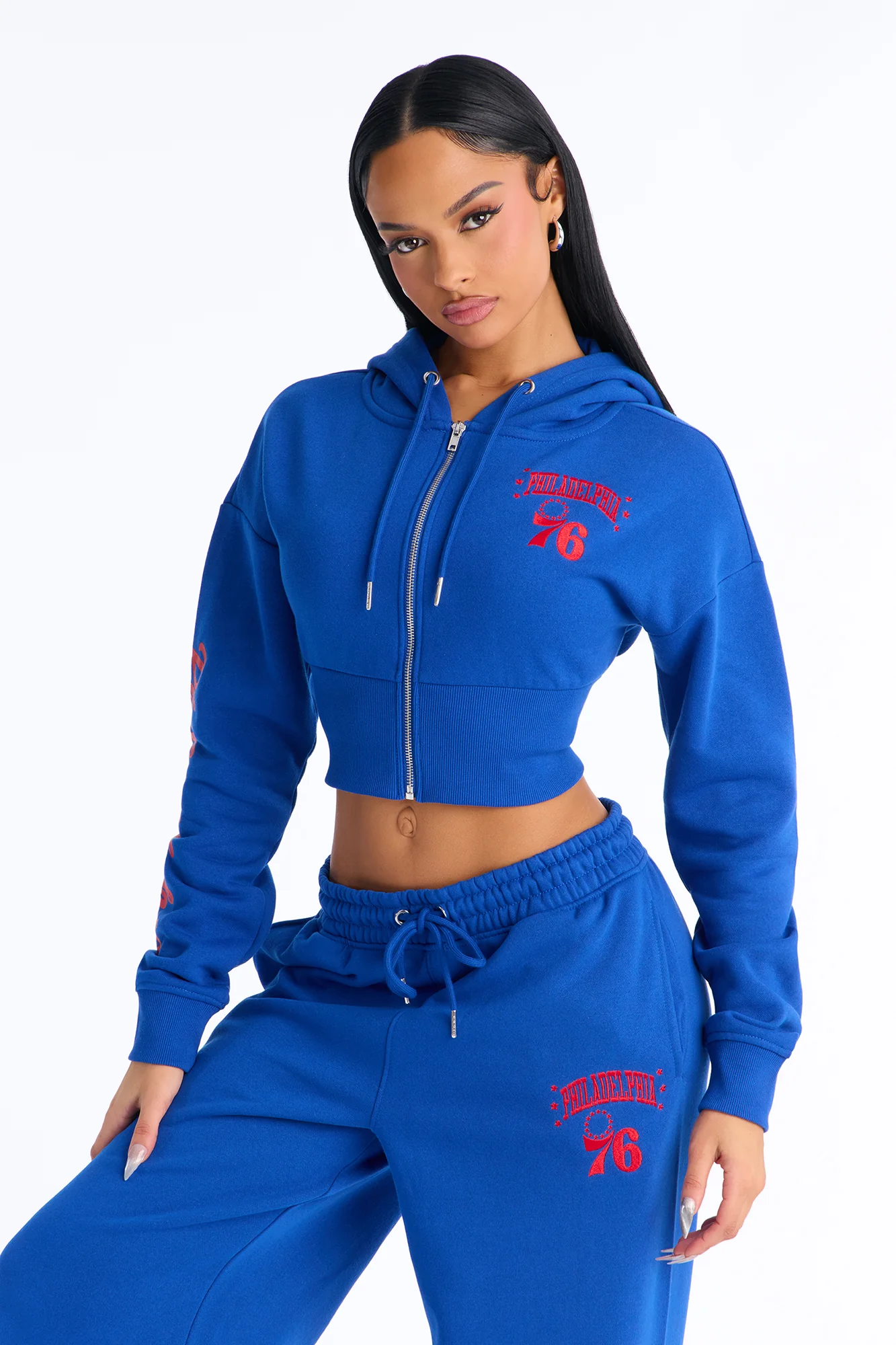 NBA Philadelphia 76ers Cropped Fleece Full Zip Hoodie - Royal - Image 4