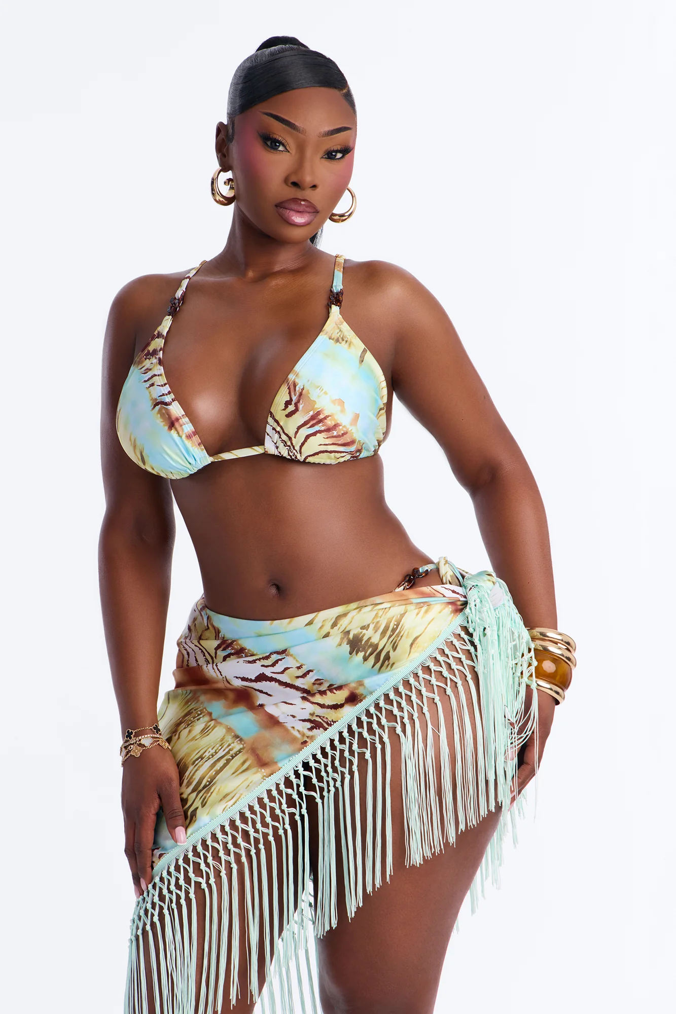 Neeva Tiger Fringe 3 Piece Bikini & Sarong Sunsuit - Blue/combo - Image 9