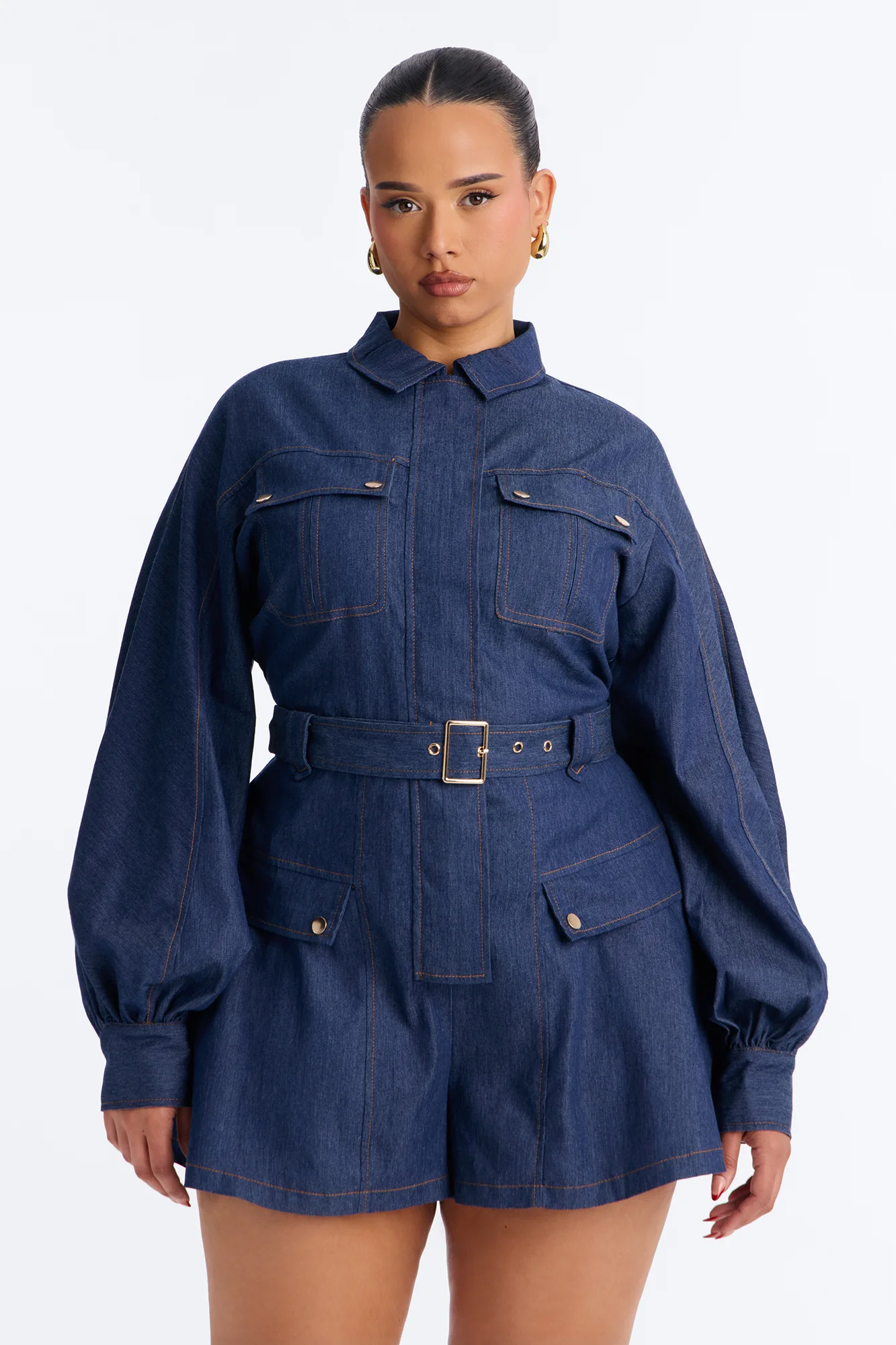 Nelly Belted Denim Romper - Dark Wash - Image 5
