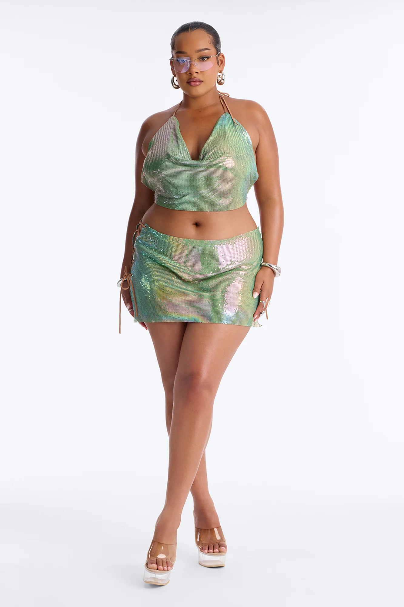 Neon Nights Lace Up Chainmail Mini Skirt - Green/combo - Image 8