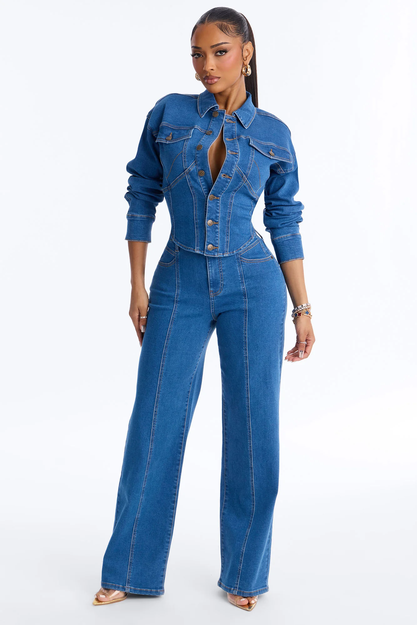 Nessa Denim Pant Set - Medium Wash