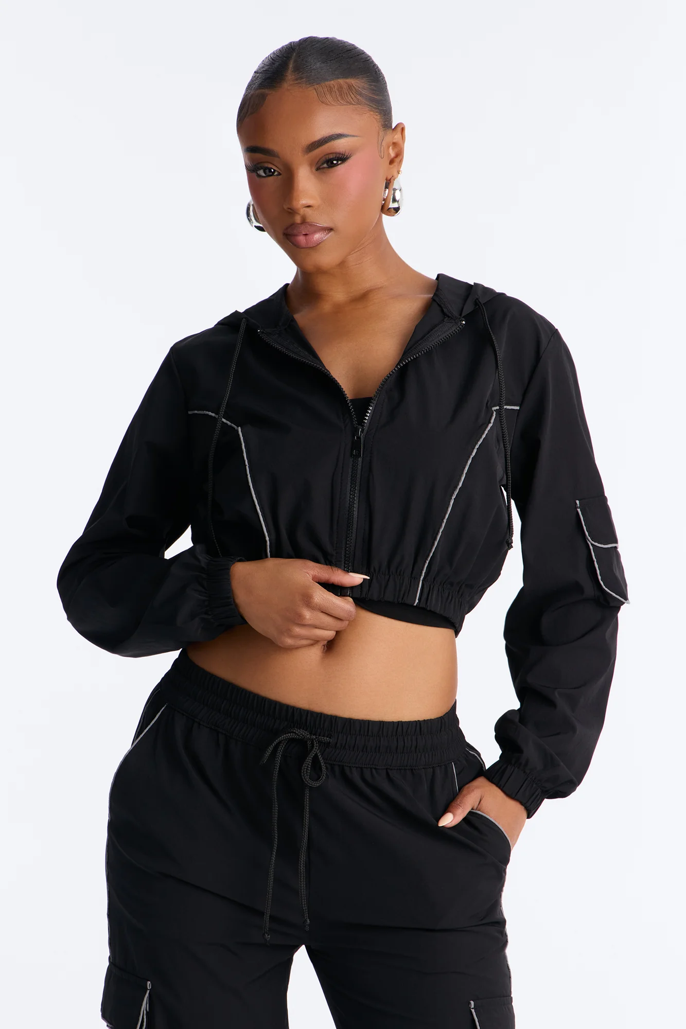 Nessa Nylon Cargo Hoodie Jogger Set - Black - Image 2