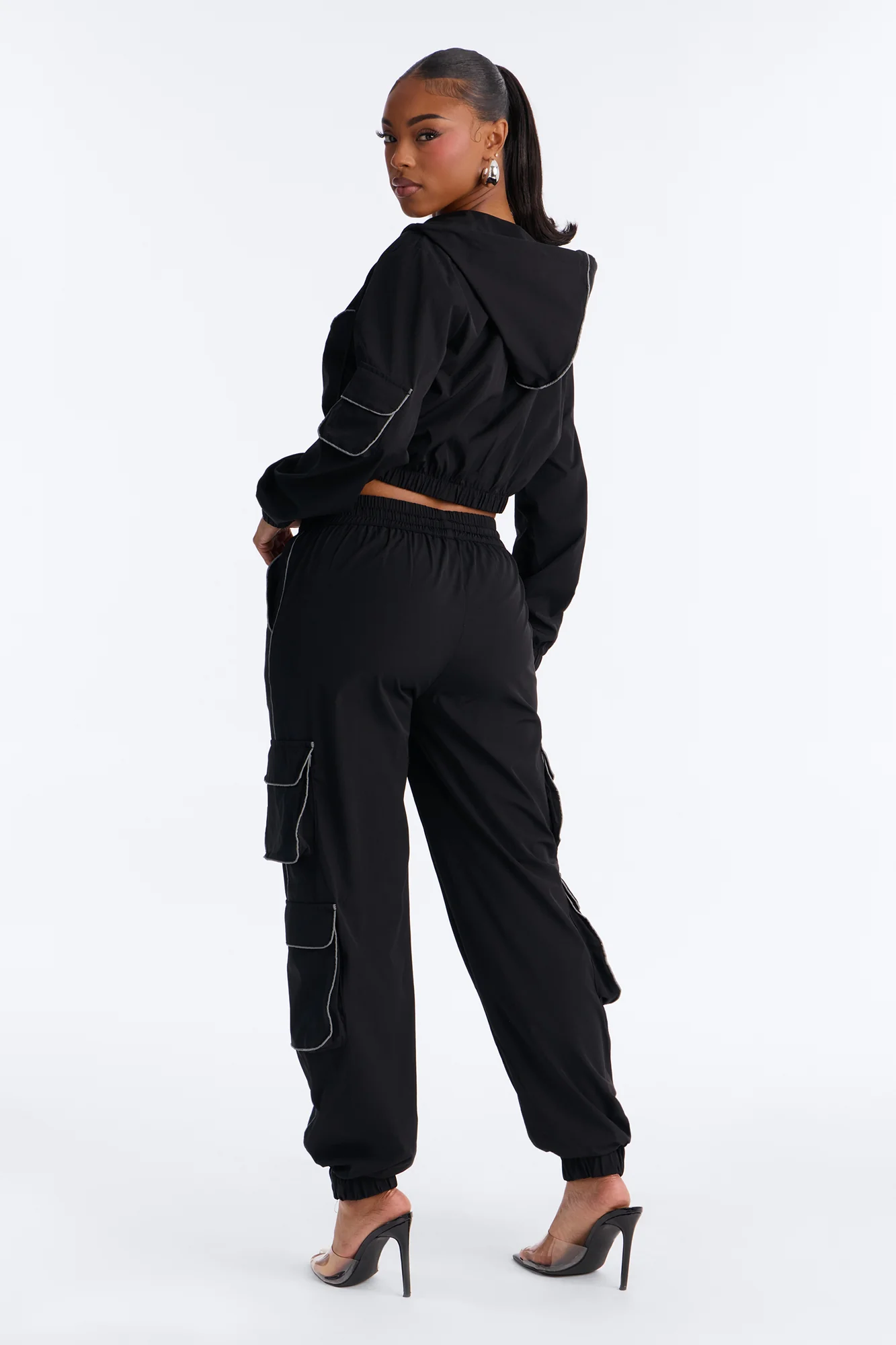 Nessa Nylon Cargo Hoodie Jogger Set - Black - Image 5