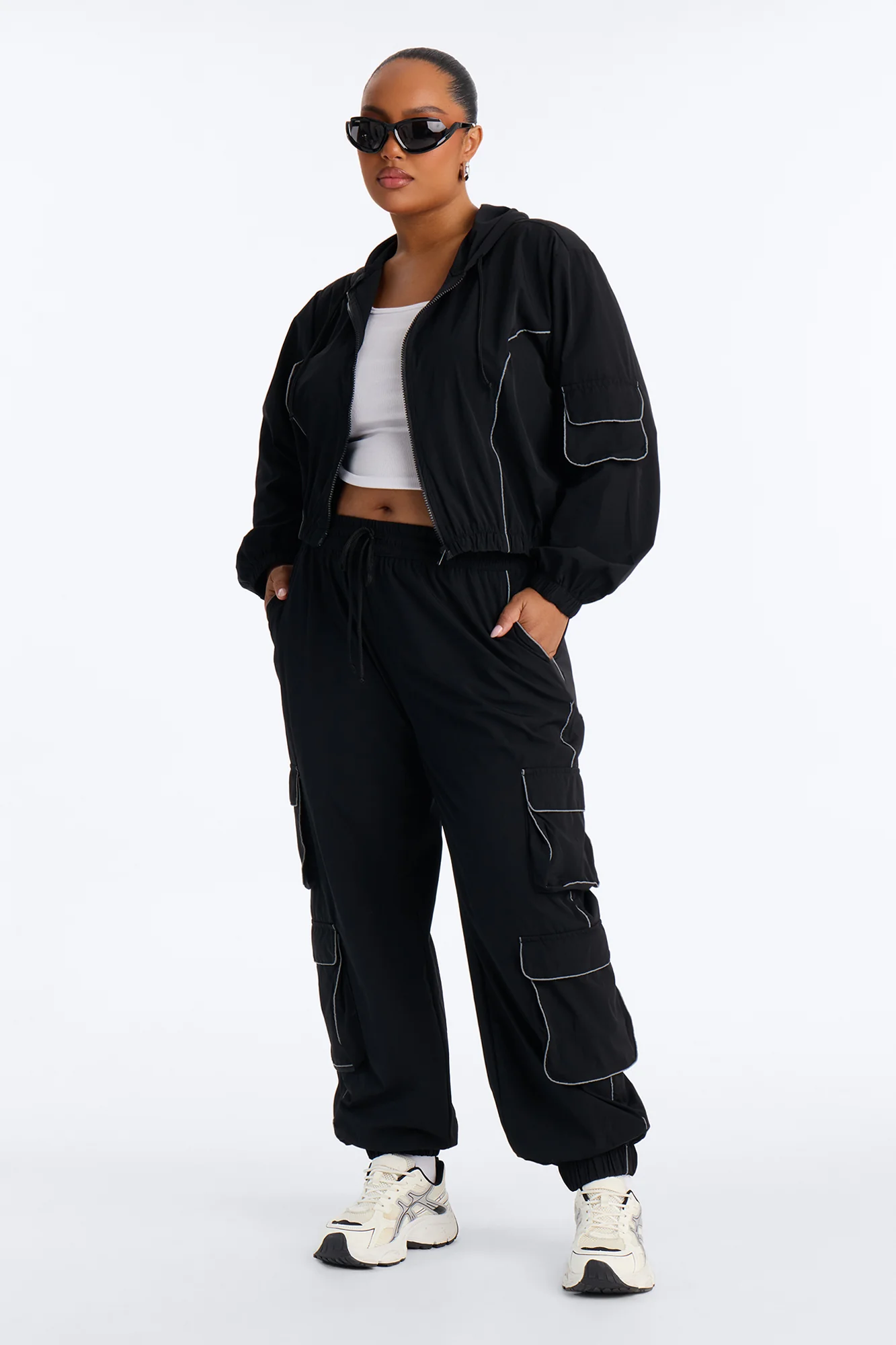 Nessa Nylon Cargo Hoodie Jogger Set - Black - Image 6