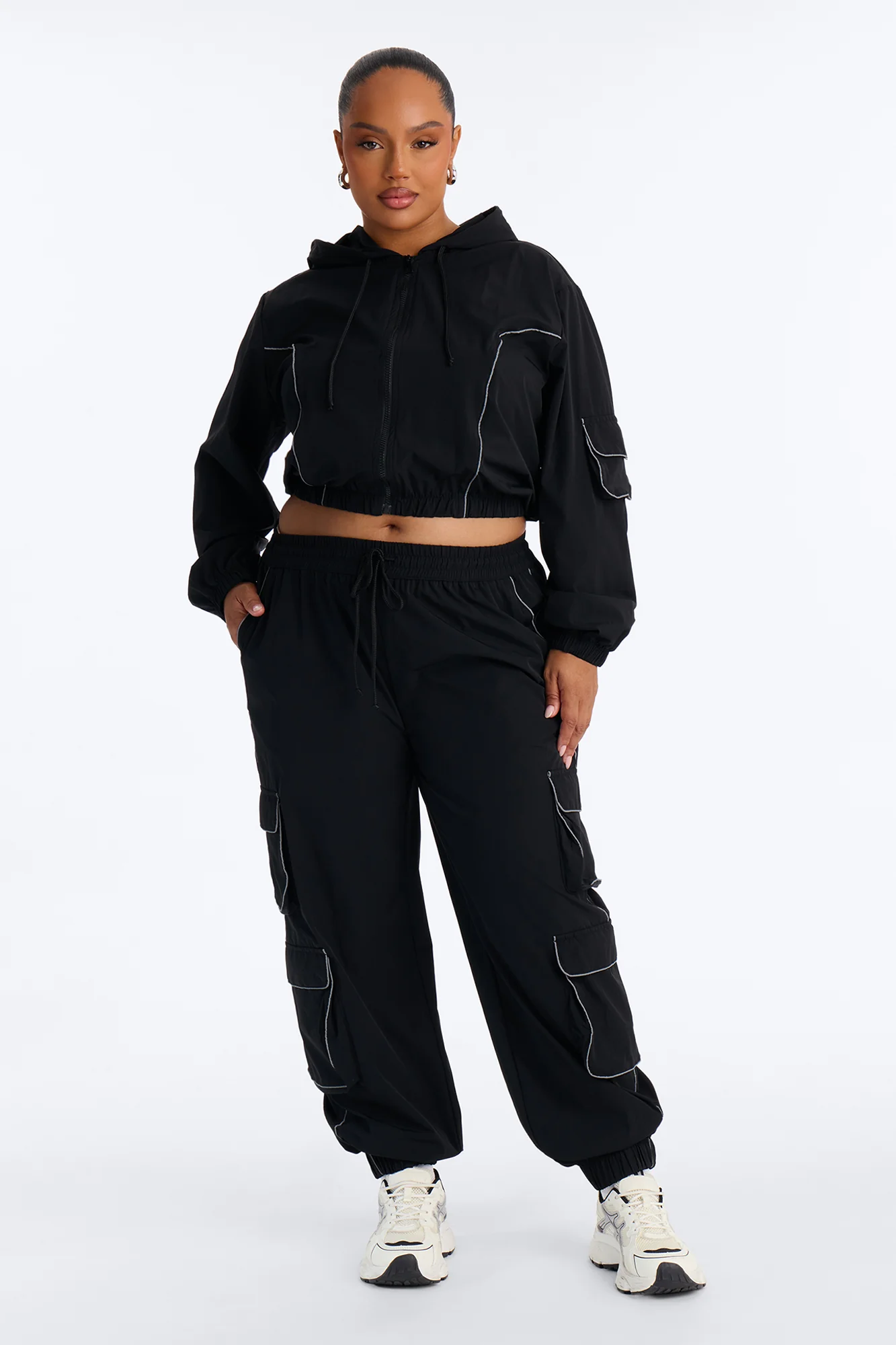 Nessa Nylon Cargo Hoodie Jogger Set - Black - Image 7