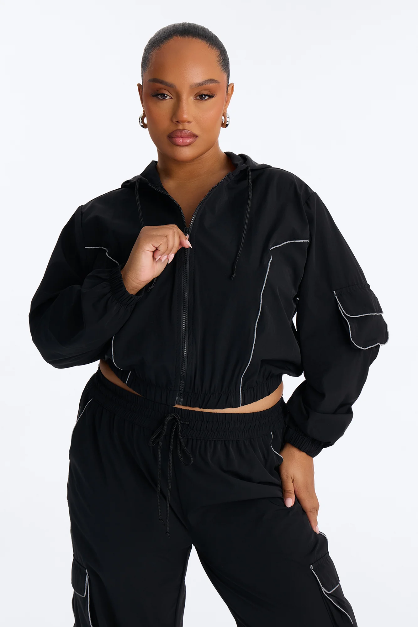 Nessa Nylon Cargo Hoodie Jogger Set - Black - Image 8