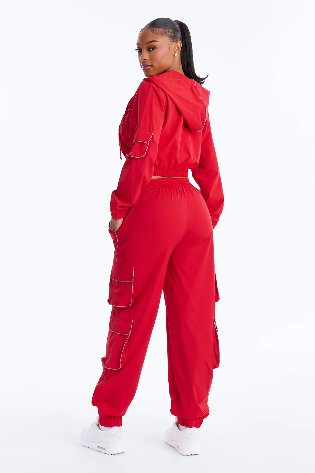 Nessa Nylon Cargo Hoodie Jogger Set - Red - Image 4