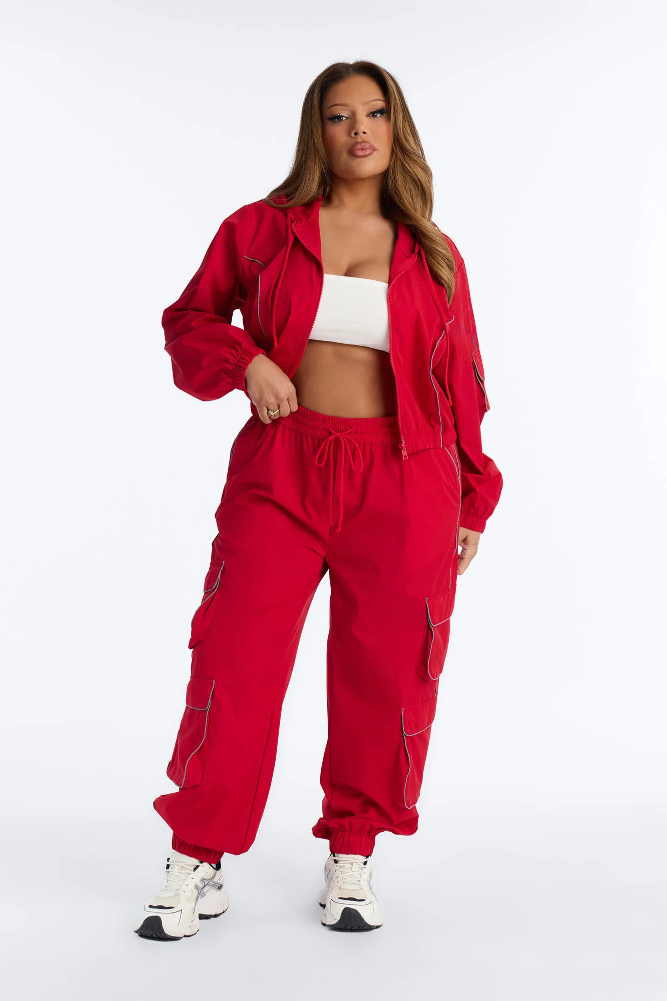 Nessa Nylon Cargo Hoodie Jogger Set - Red - Image 5