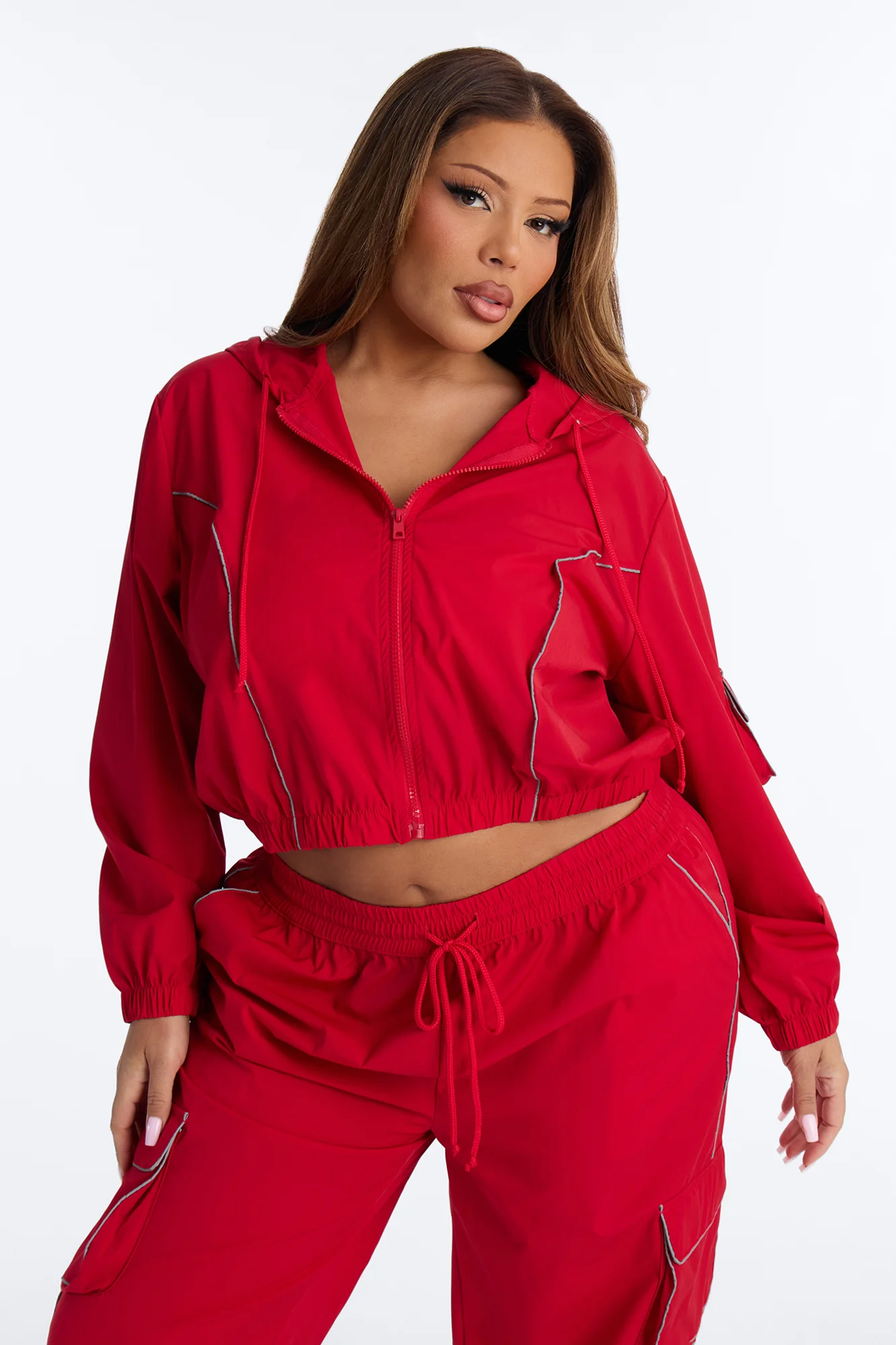Nessa Nylon Cargo Hoodie Jogger Set - Red - Image 6