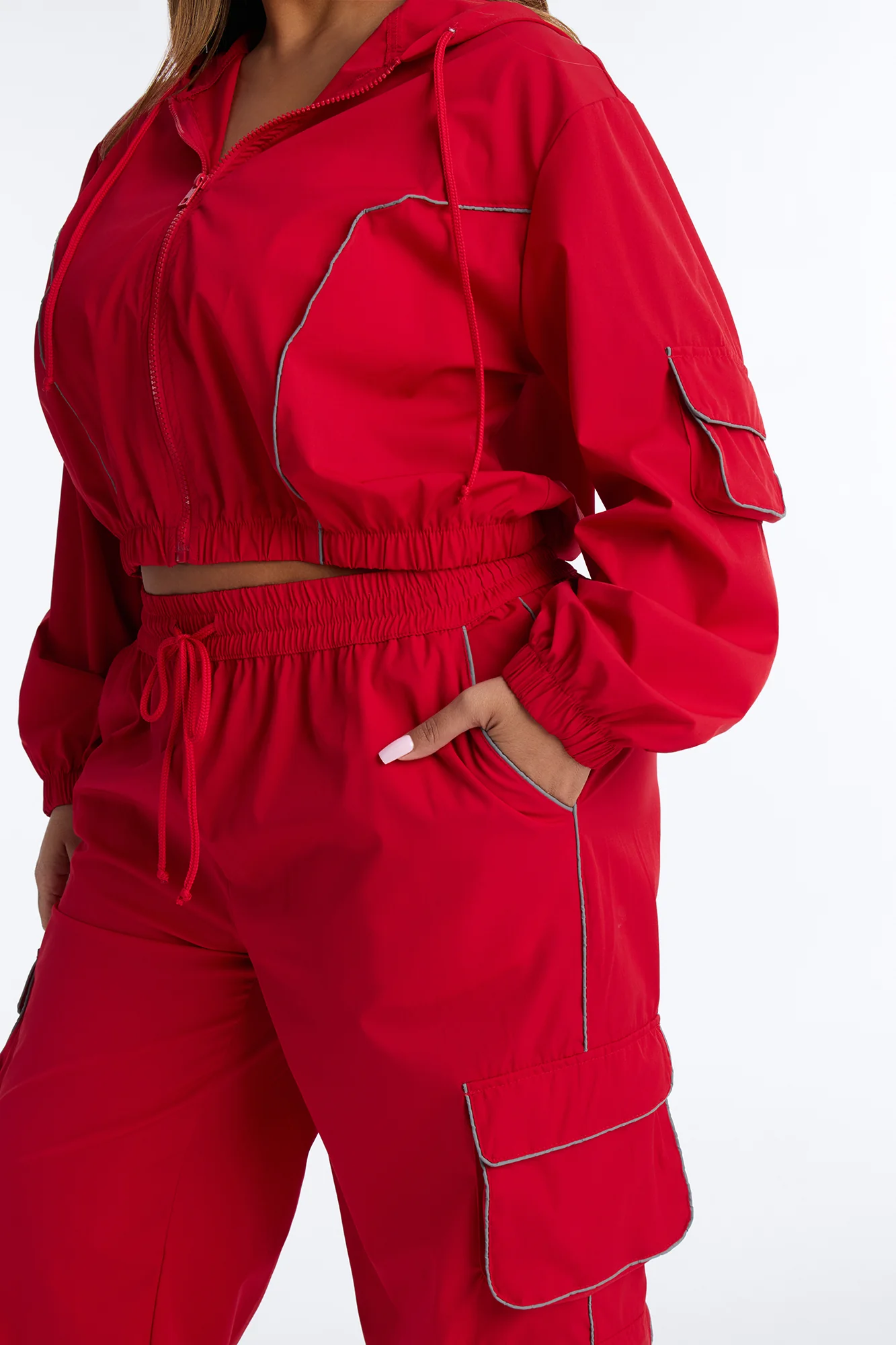Nessa Nylon Cargo Hoodie Jogger Set - Red - Image 7