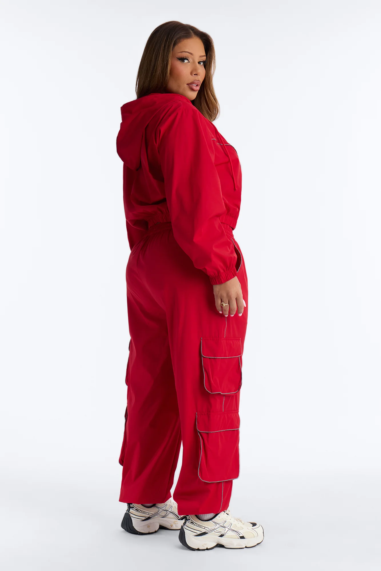 Nessa Nylon Cargo Hoodie Jogger Set - Red - Image 8