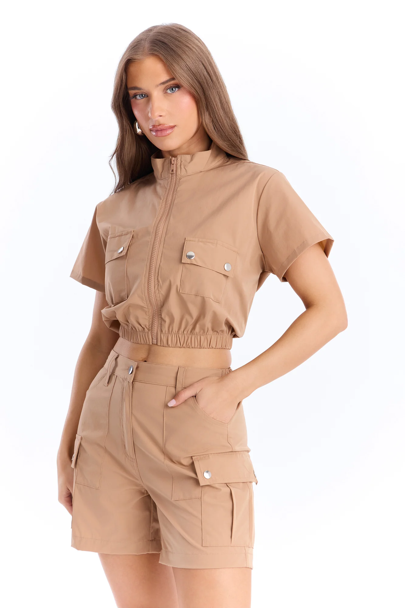 Nessa Nylon Cargo Short Set - Tan