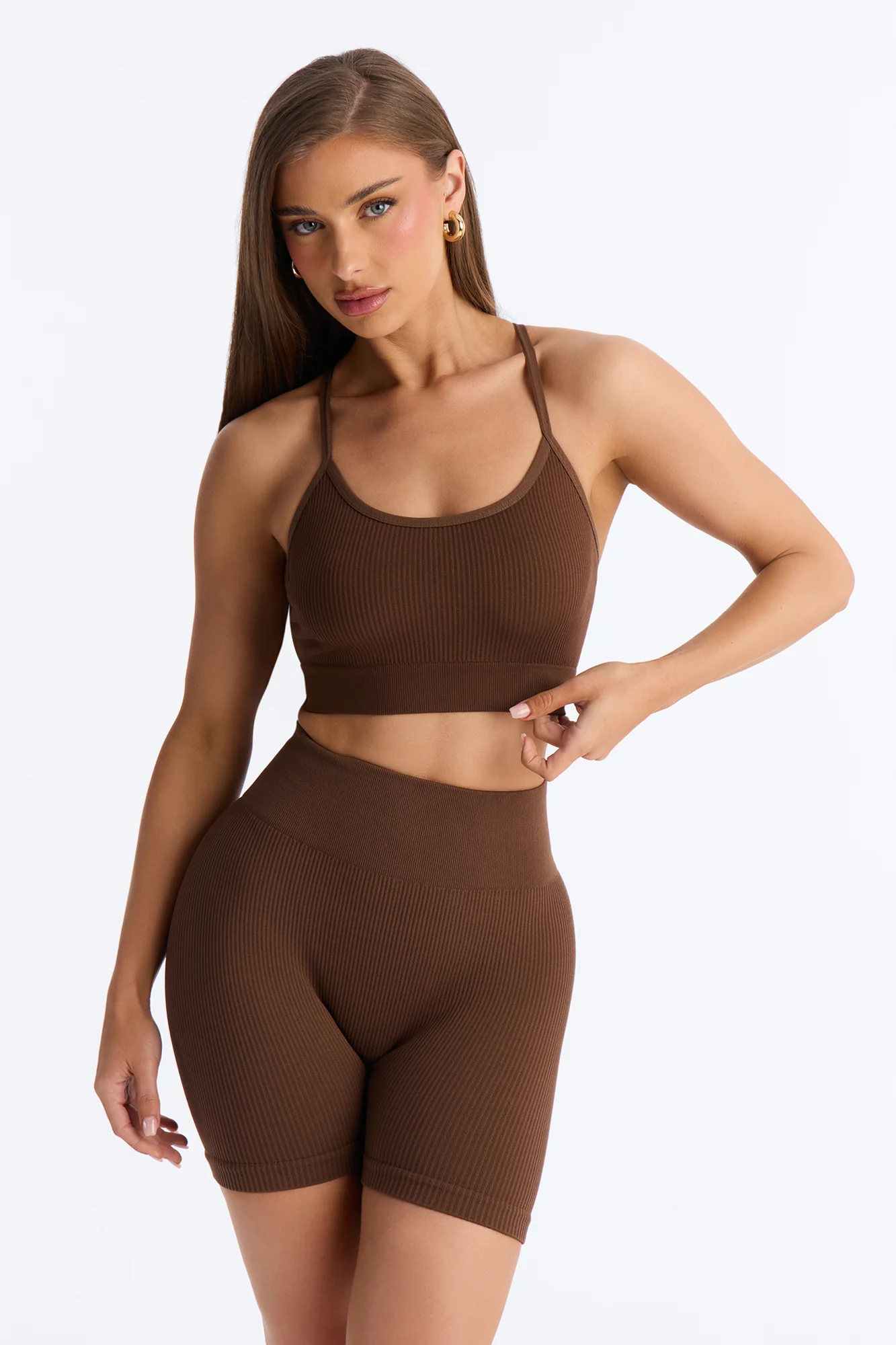 Never Settle Seamless Sports Bra Biker Short Set - Brown