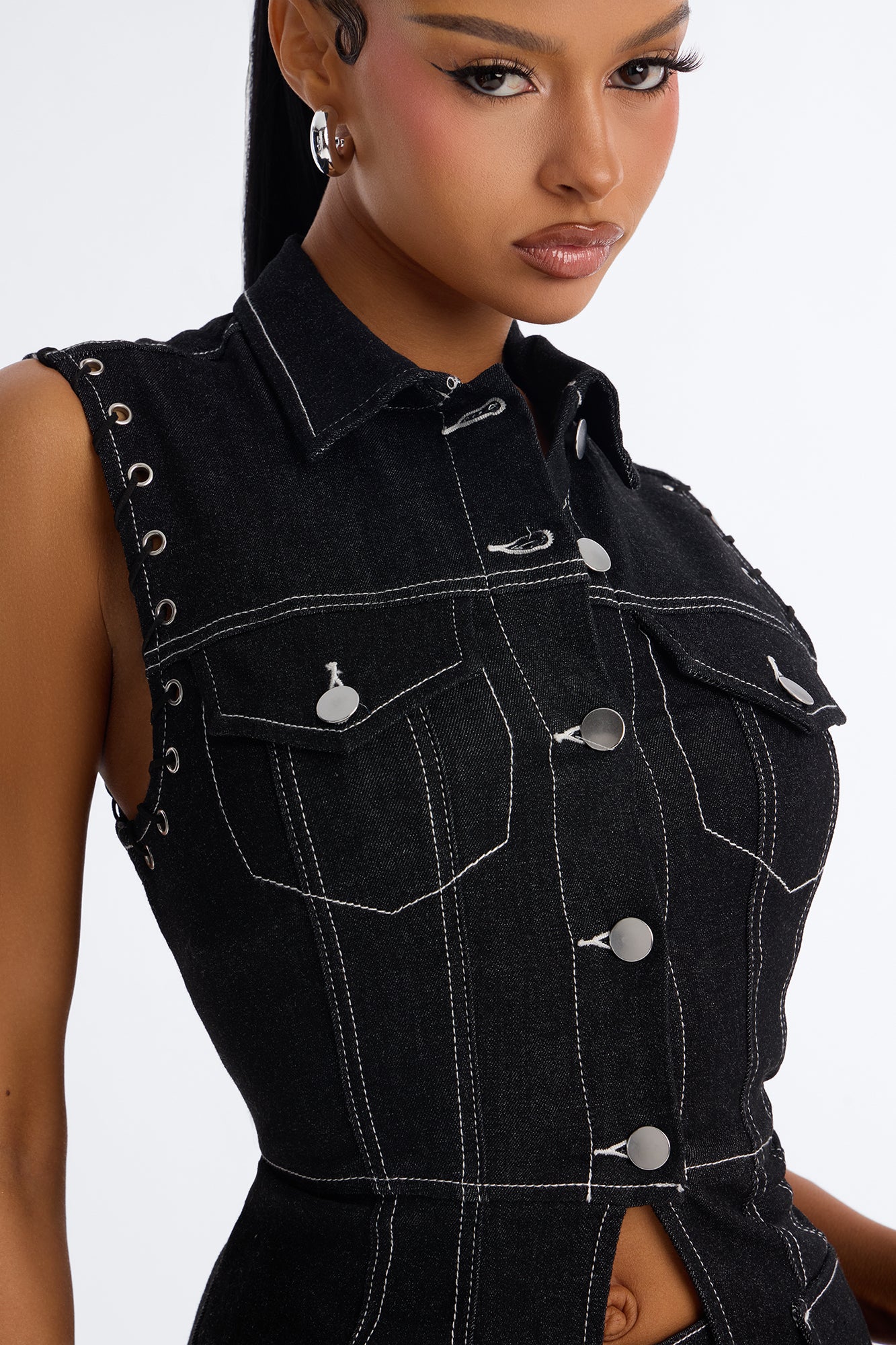 New Girl Denim Lace Up Capri Set - Dark Denim - Image 4