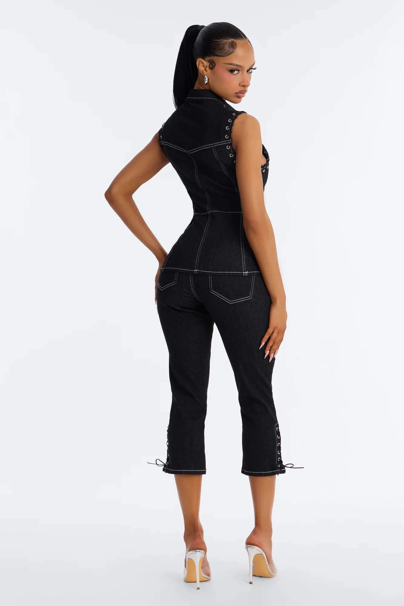 New Girl Denim Lace Up Capri Set - Dark Denim - Image 5