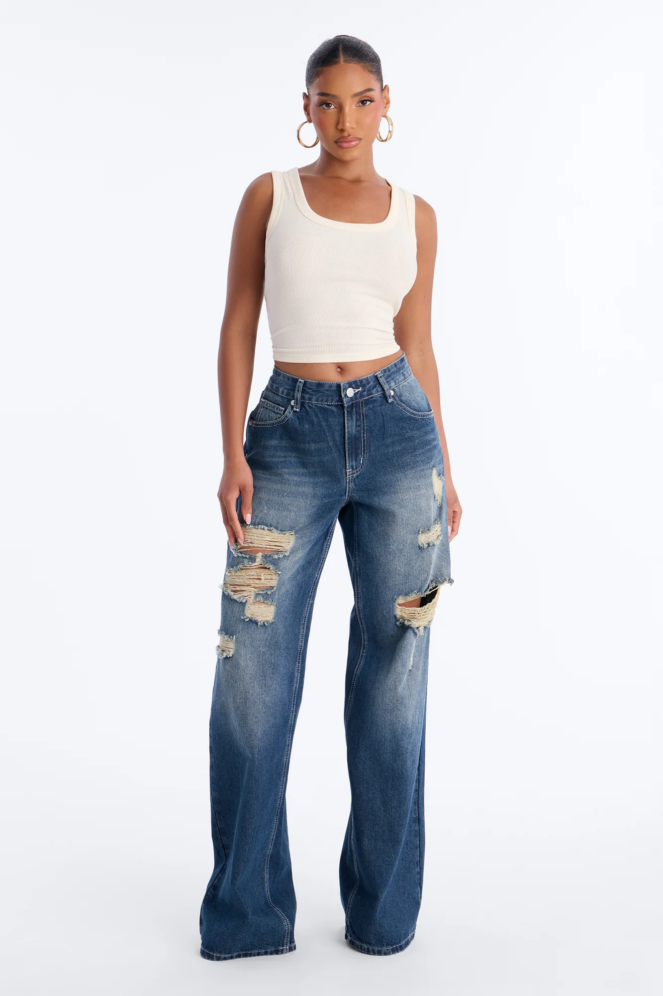 Next Time Ripped Straight Leg Jeans - Dark Wash