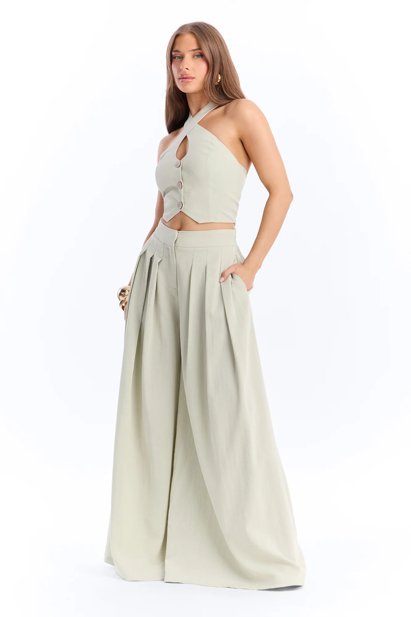 Nicole Linen Halter Pant Set - Sage
