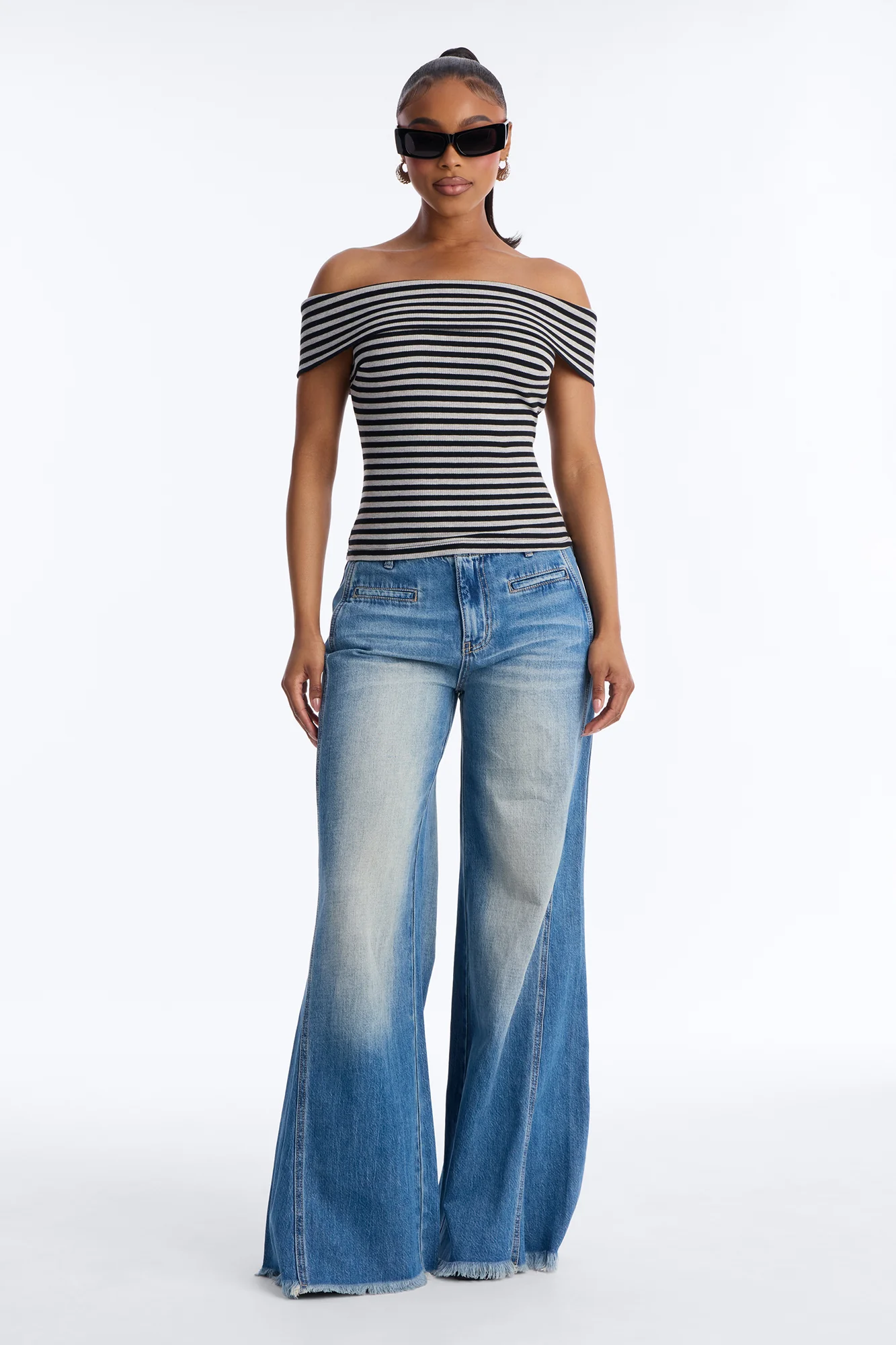 Nicole Striped Off Shoulder Short Sleeve Top - Black/combo