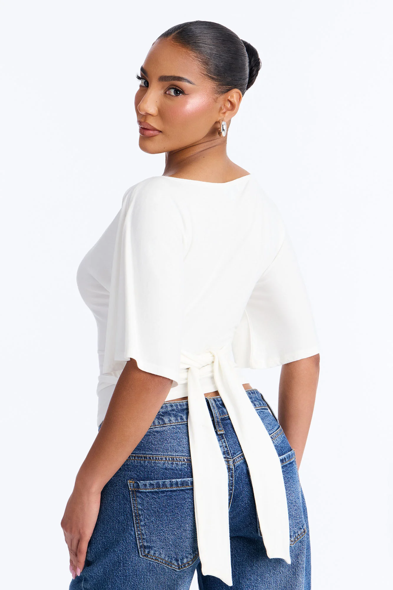 Nicolette Tie Waist Short Sleeve Top - White - Image 4