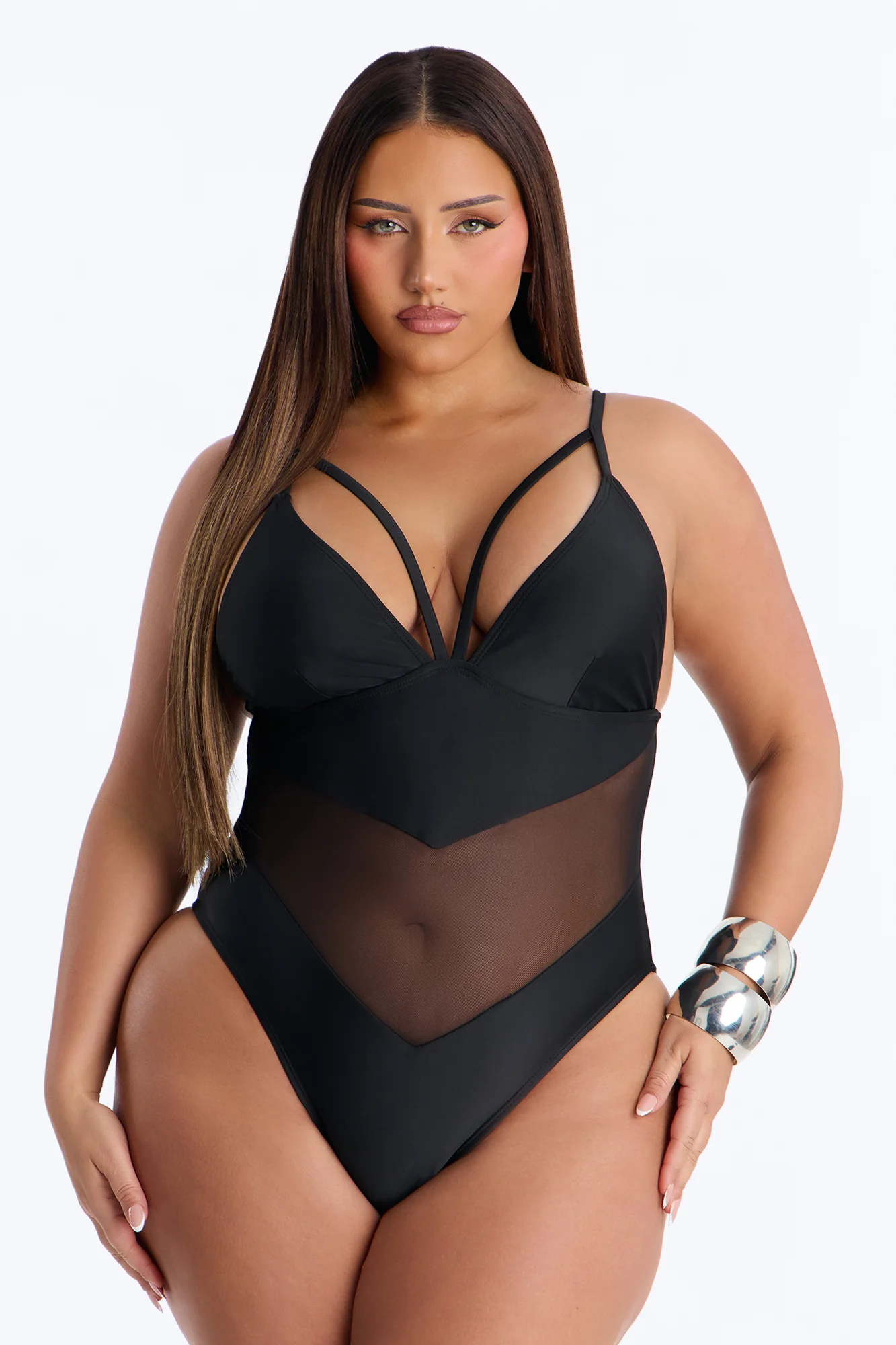 Nika 1 Piece Mesh Cutout Triangle Swimsuit - Black - Image 4