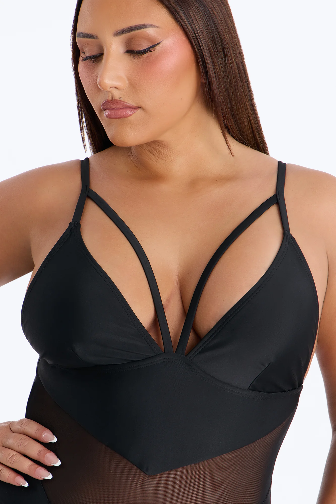 Nika 1 Piece Mesh Cutout Triangle Swimsuit - Black - Image 5