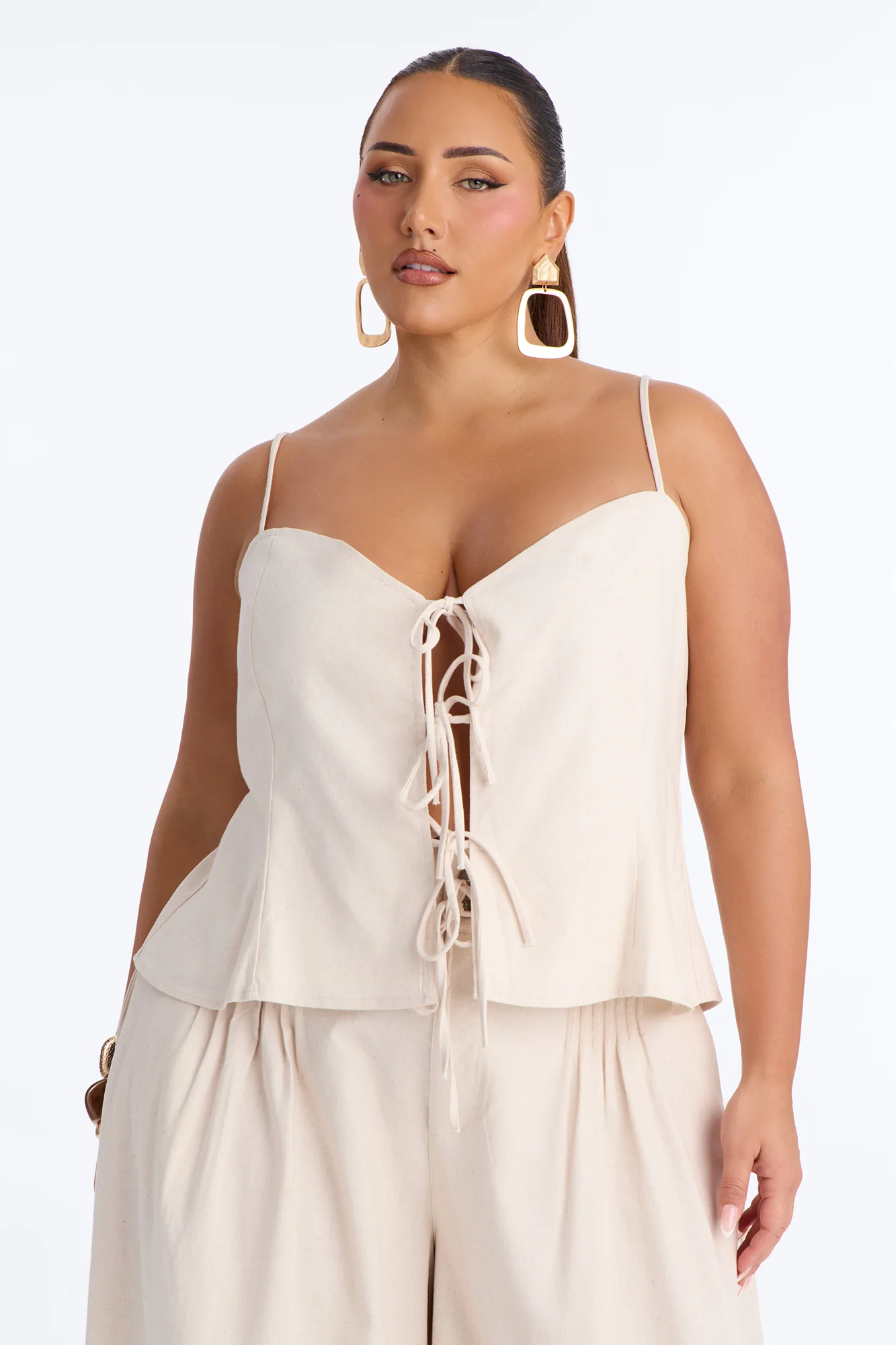 Nikki Tie Front Pleated Pant Set - Oatmeal - Image 6