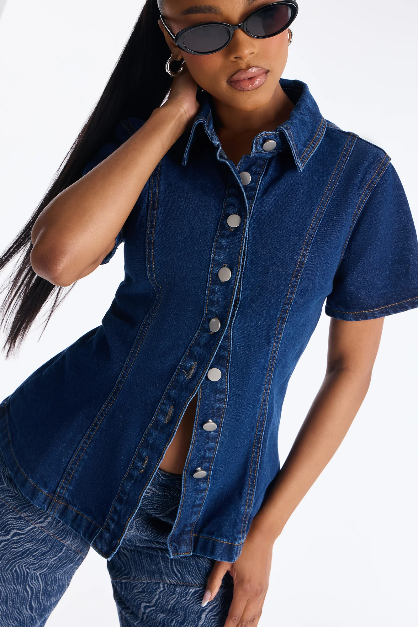 Nina Cinched Waist Denim Shirt - Indigo - Image 3