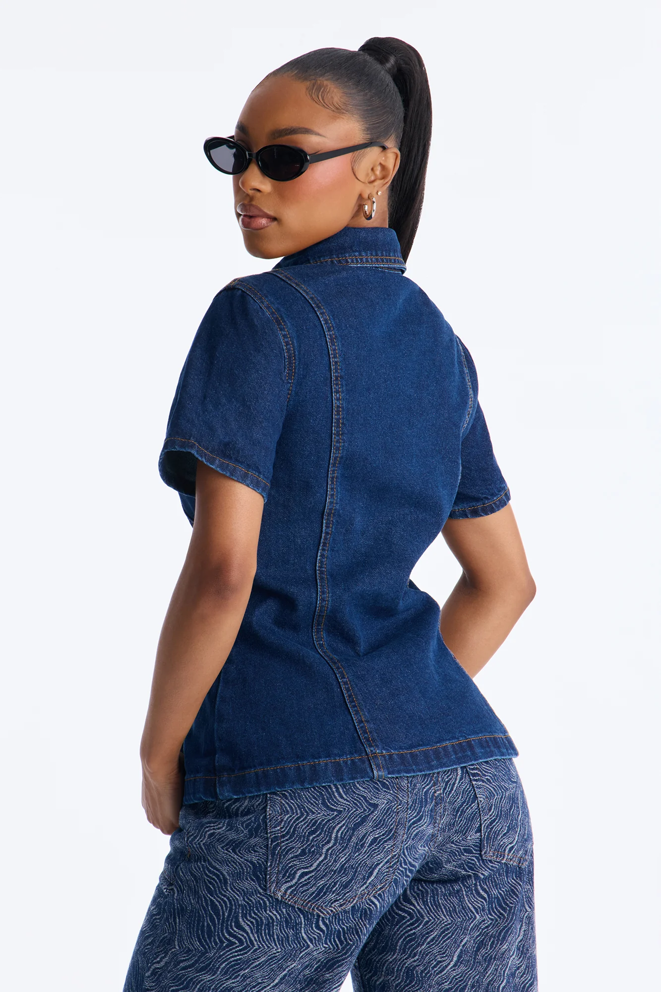 Nina Cinched Waist Denim Shirt - Indigo - Image 4