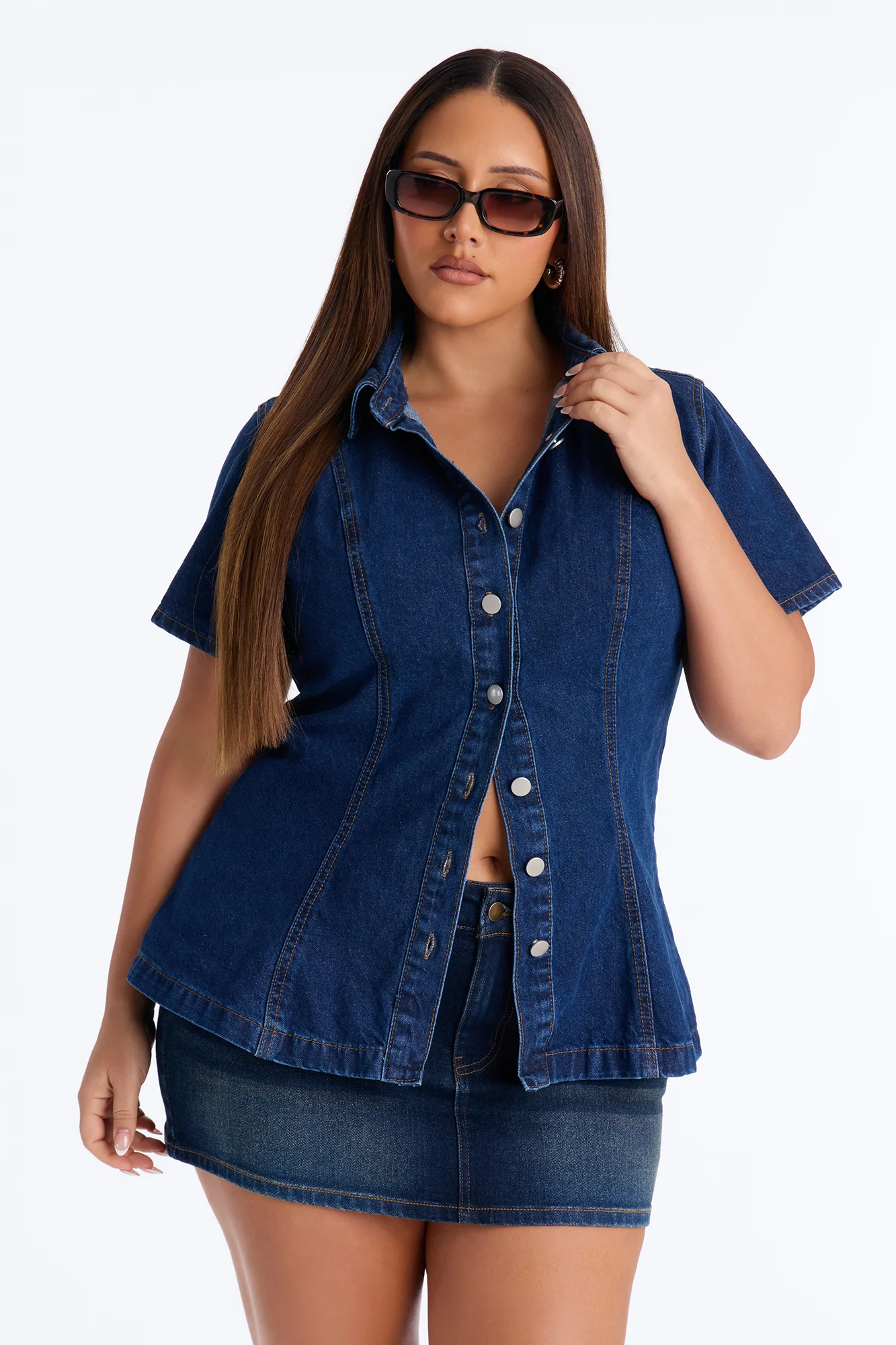 Nina Cinched Waist Denim Shirt - Indigo - Image 5