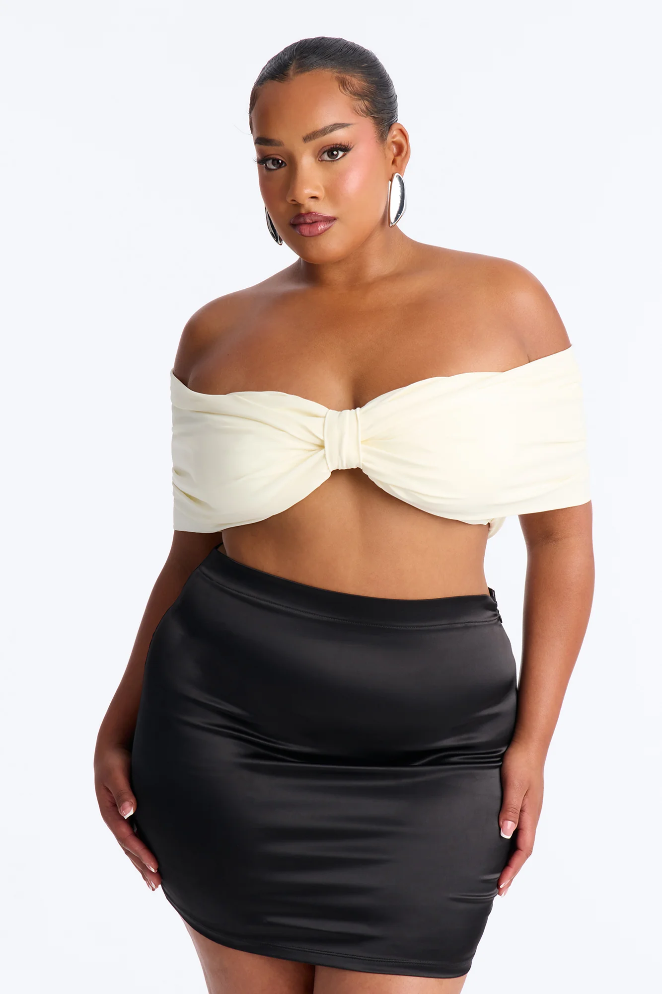 Nina Off Shoulder Ruched Crop Top - Cream - Image 5