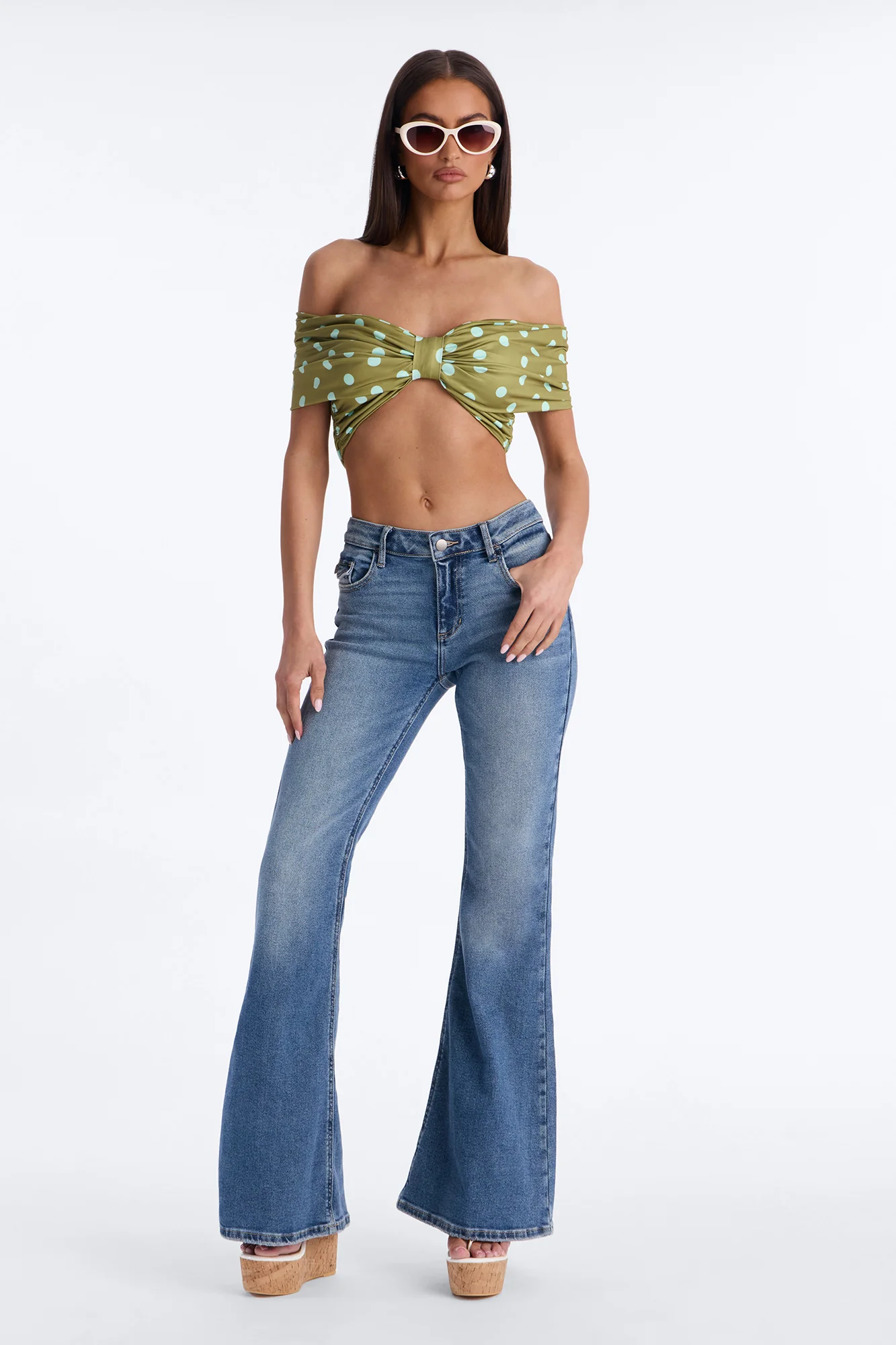 Nina Off Shoulder Ruched Polka Dot Crop Top - Olive/combo - Image 2