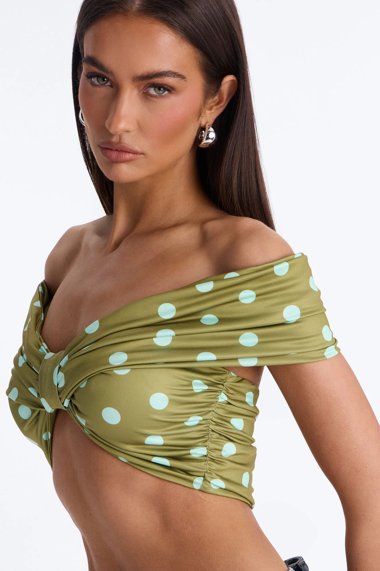 Nina Off Shoulder Ruched Polka Dot Crop Top - Olive/combo - Image 4