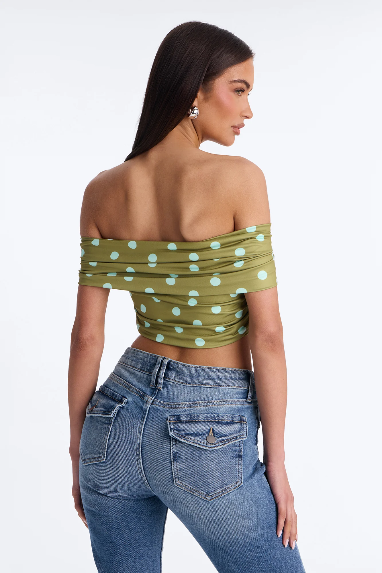 Nina Off Shoulder Ruched Polka Dot Crop Top - Olive/combo - Image 5